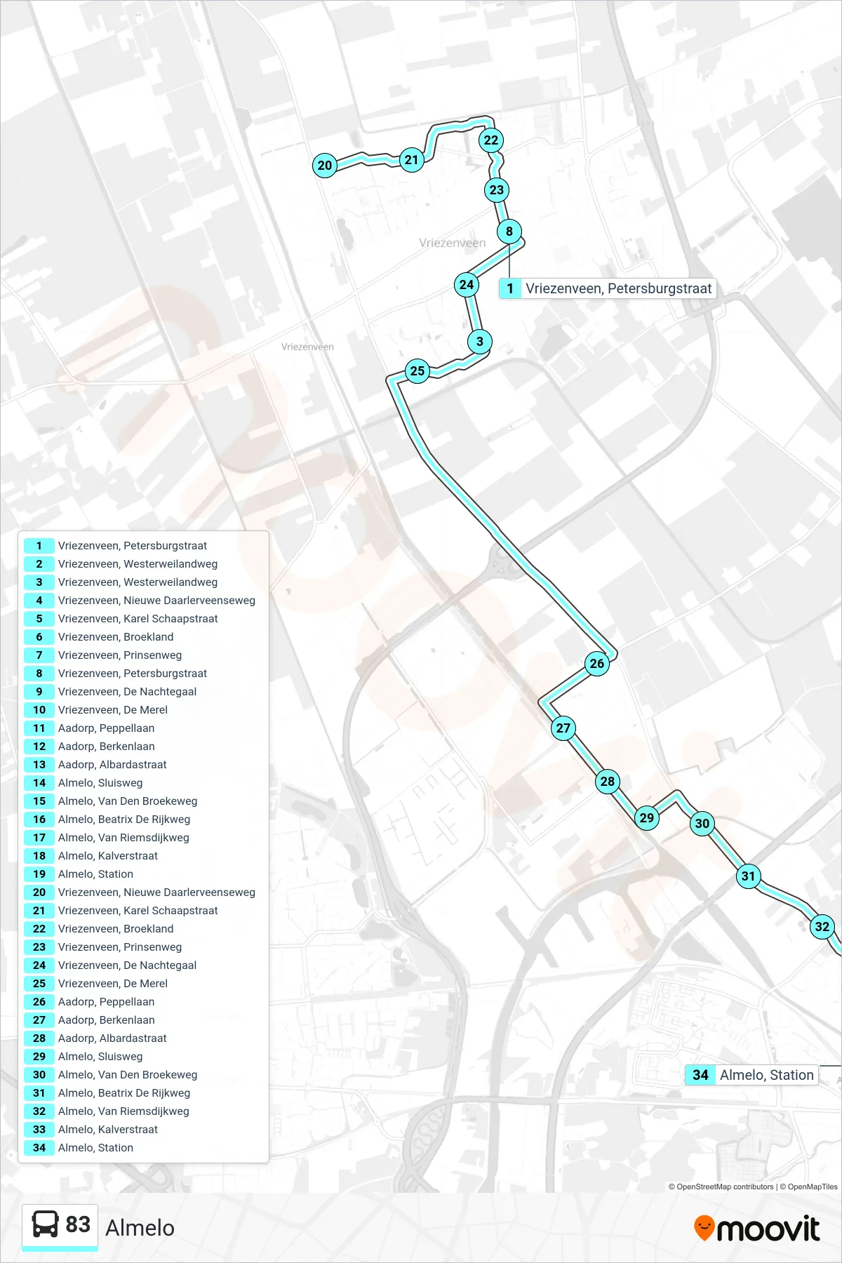 83 bus Line (Almelo) route and stops on a map