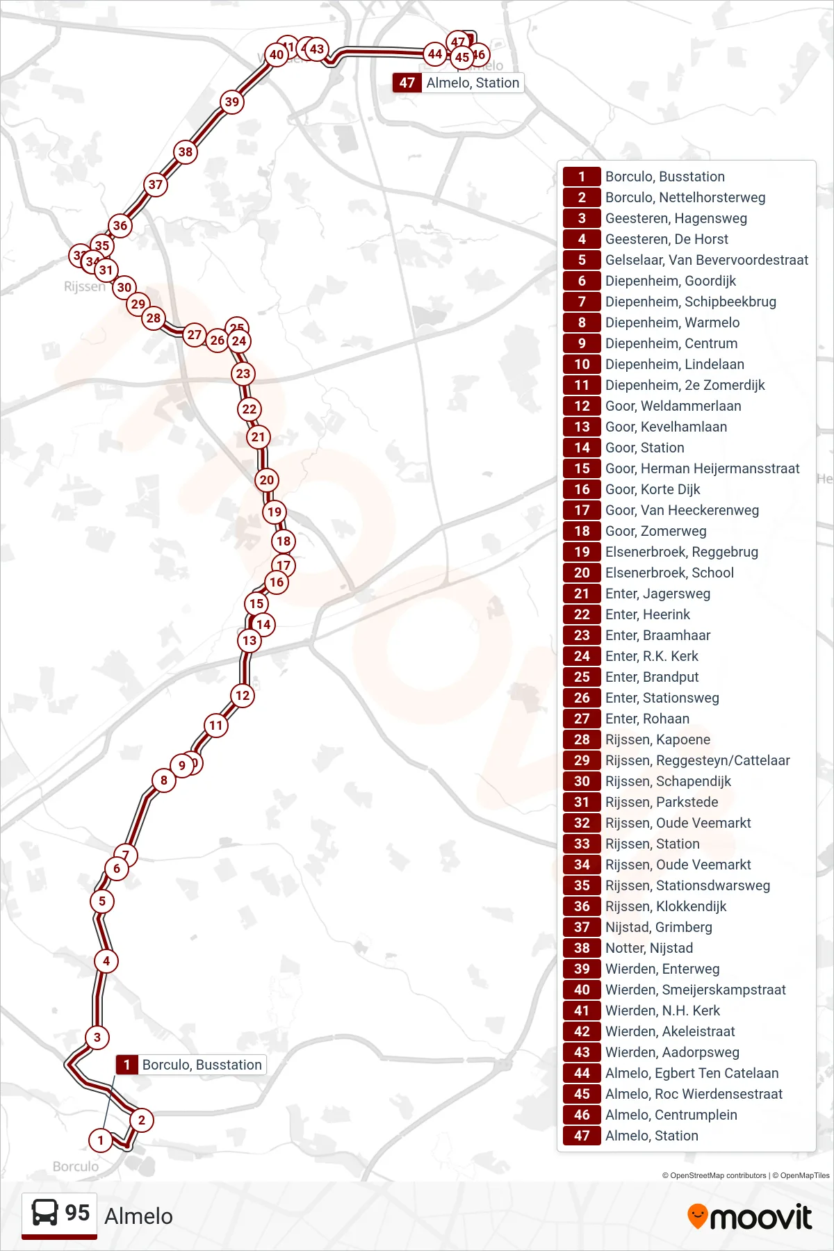 Lijn 95 (bus, Almelo): route en haltes op de kaart