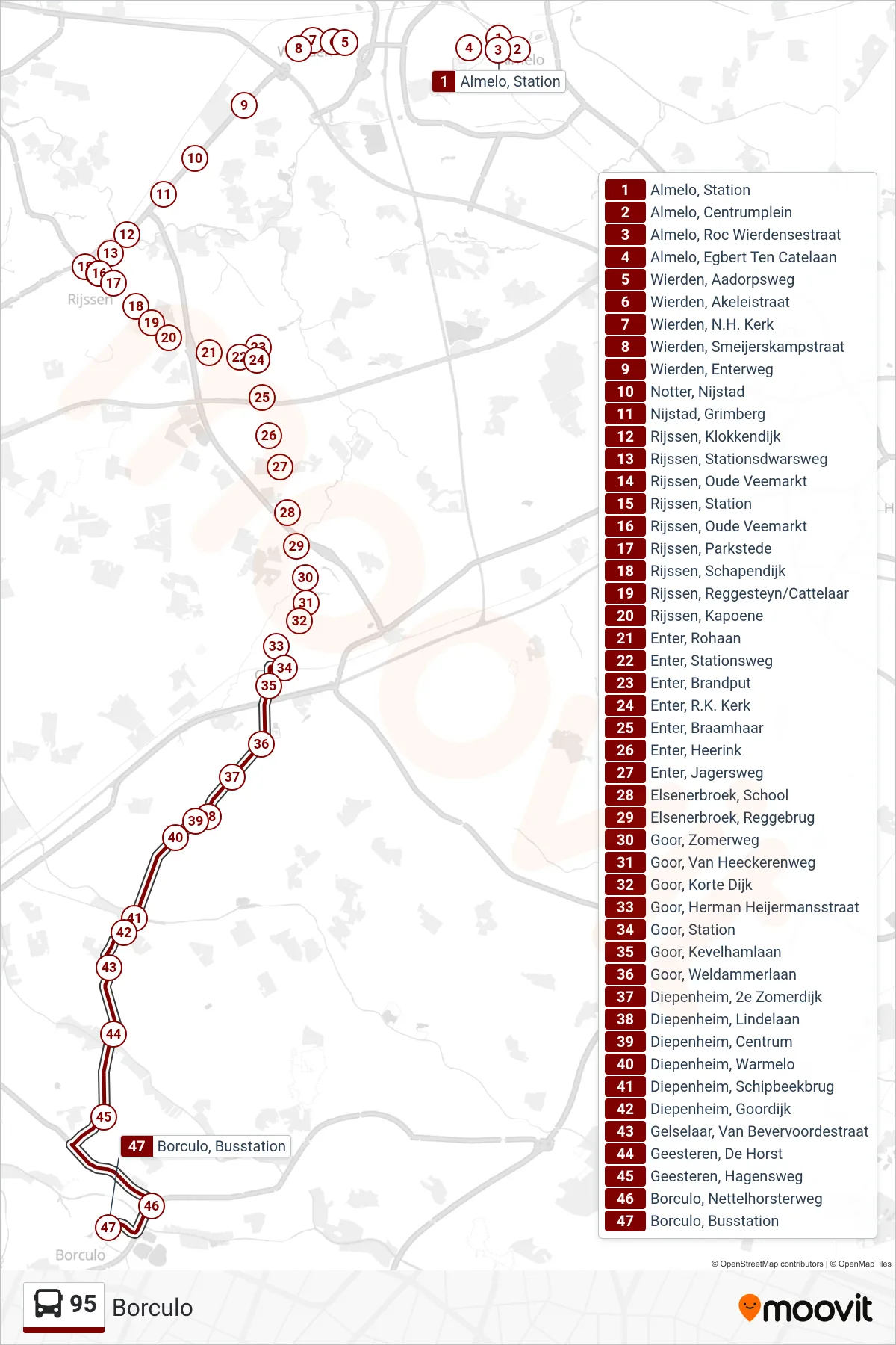 Lijn 95 (bus, Borculo): route en haltes op de kaart