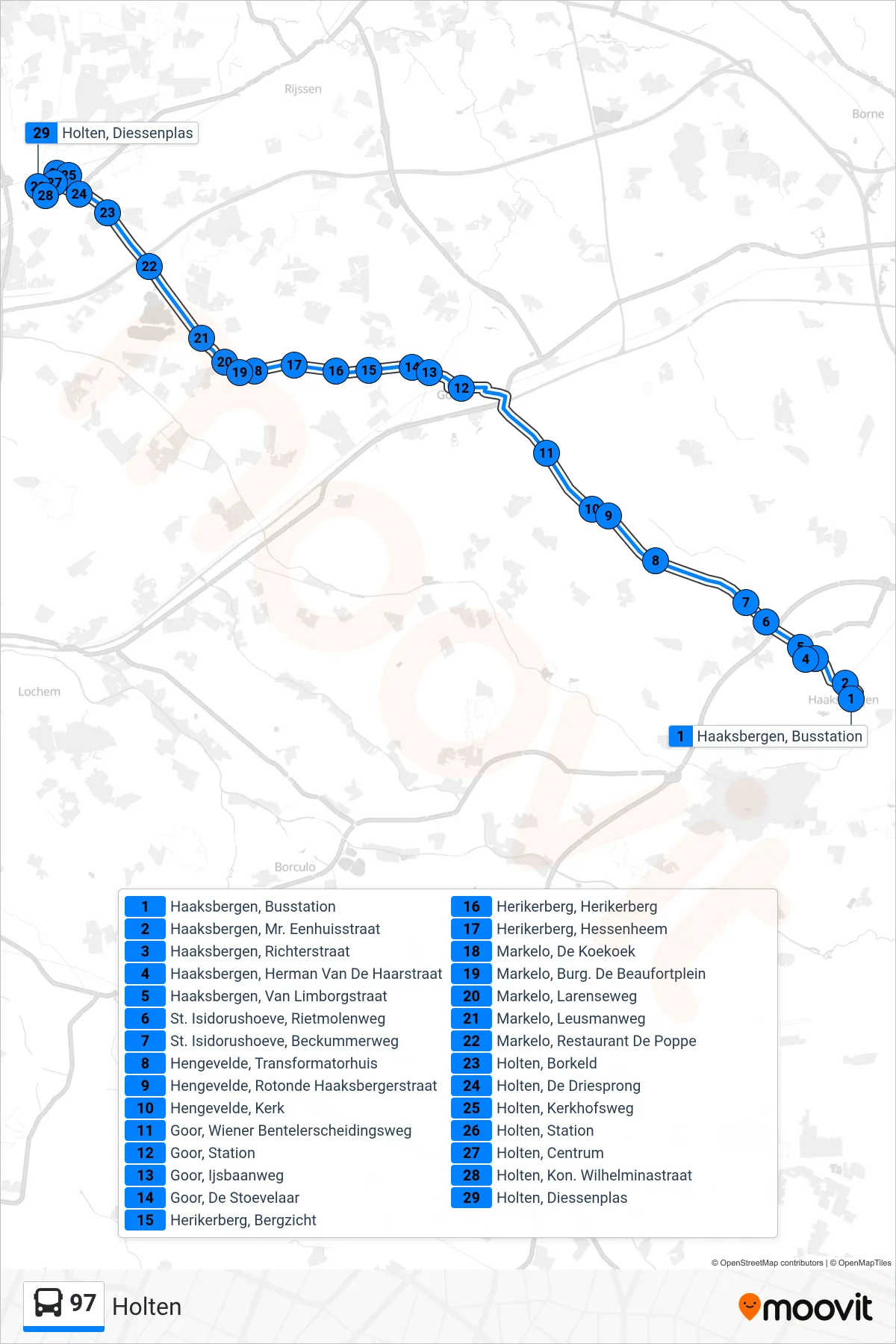 97 bus Line (Holten) route and stops on a map