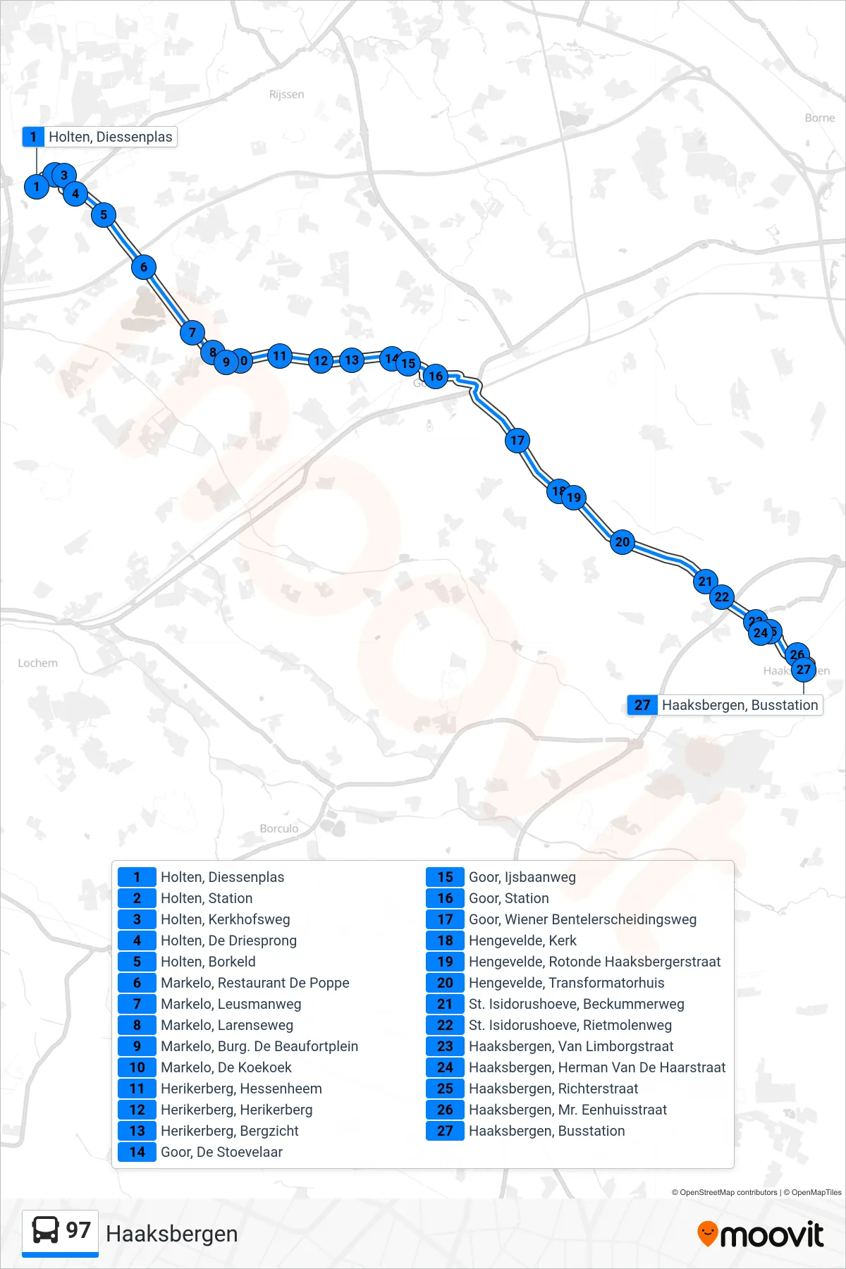 Lijn 97 (bus, Haaksbergen): route en haltes op de kaart