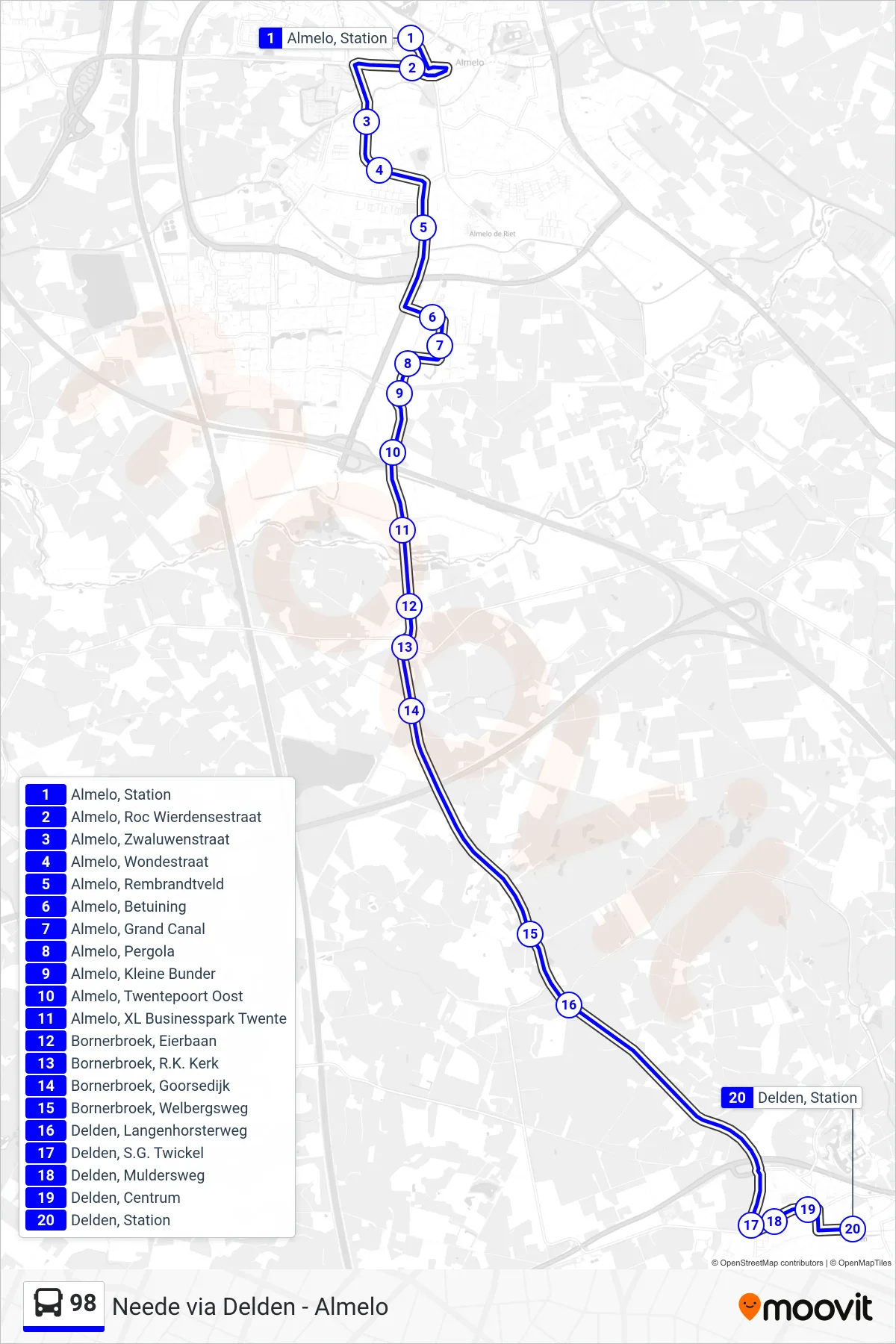 98 bus Line (Delden) route and stops on a map