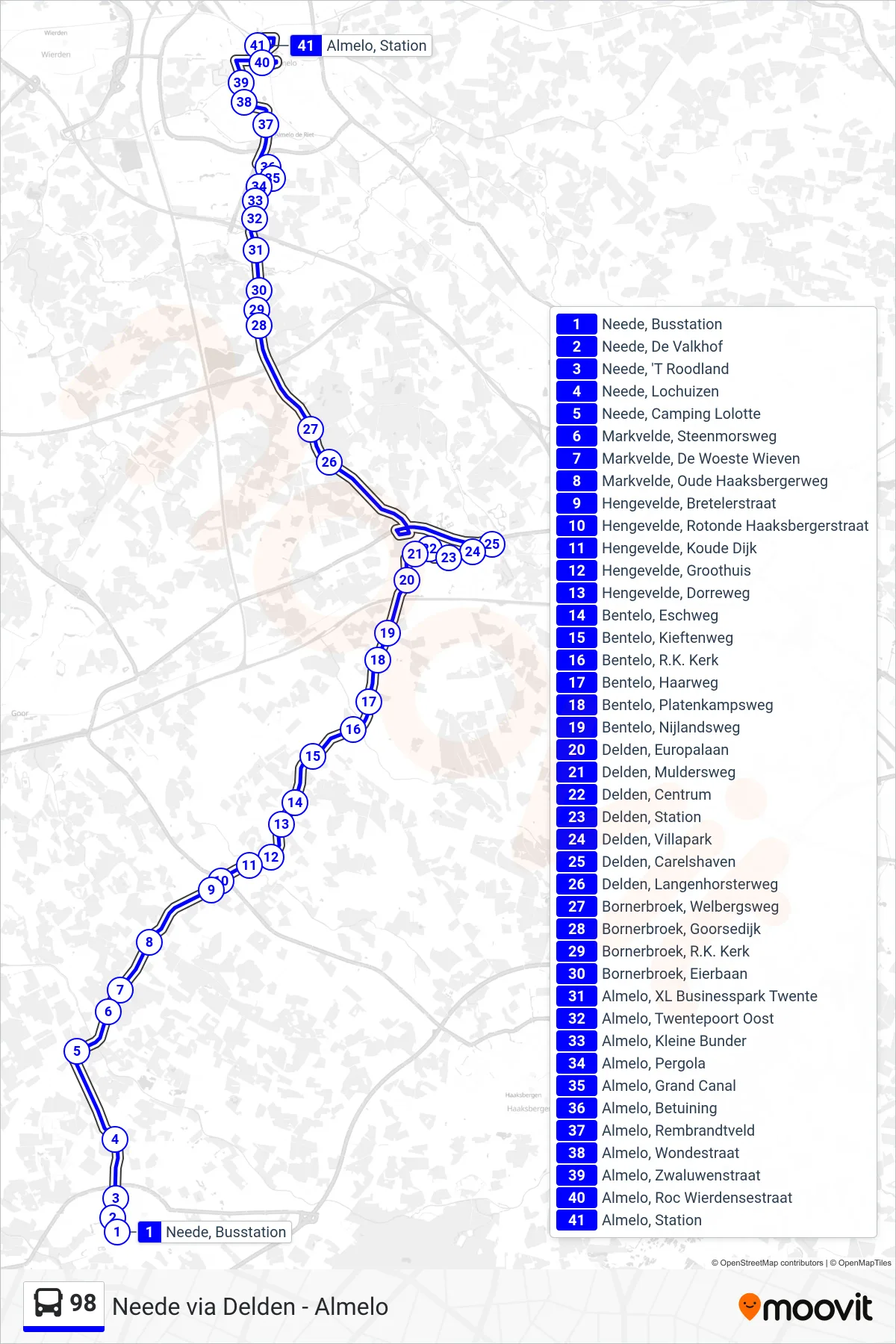 Lijn 98 (bus, Almelo): route en haltes op de kaart