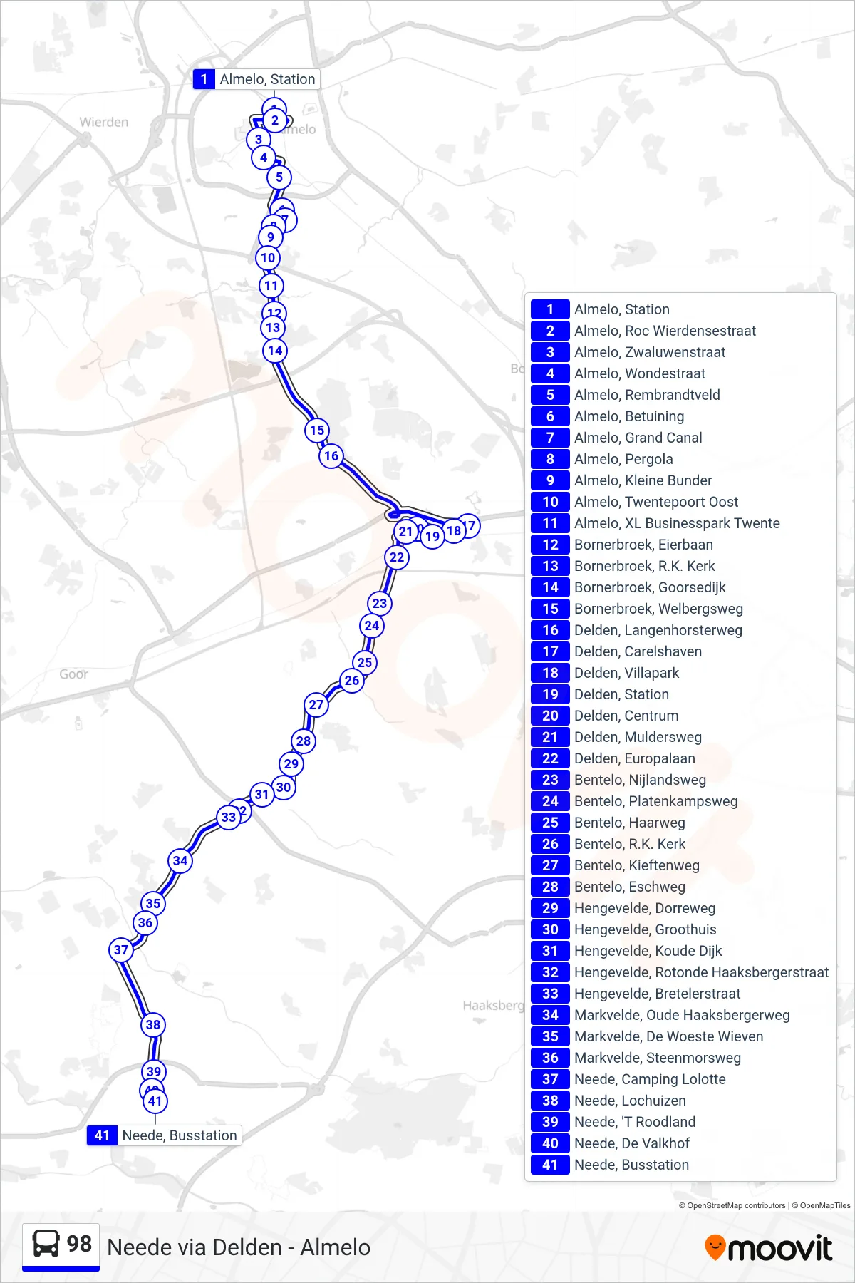 Lijn 98 (bus, Neede): route en haltes op de kaart