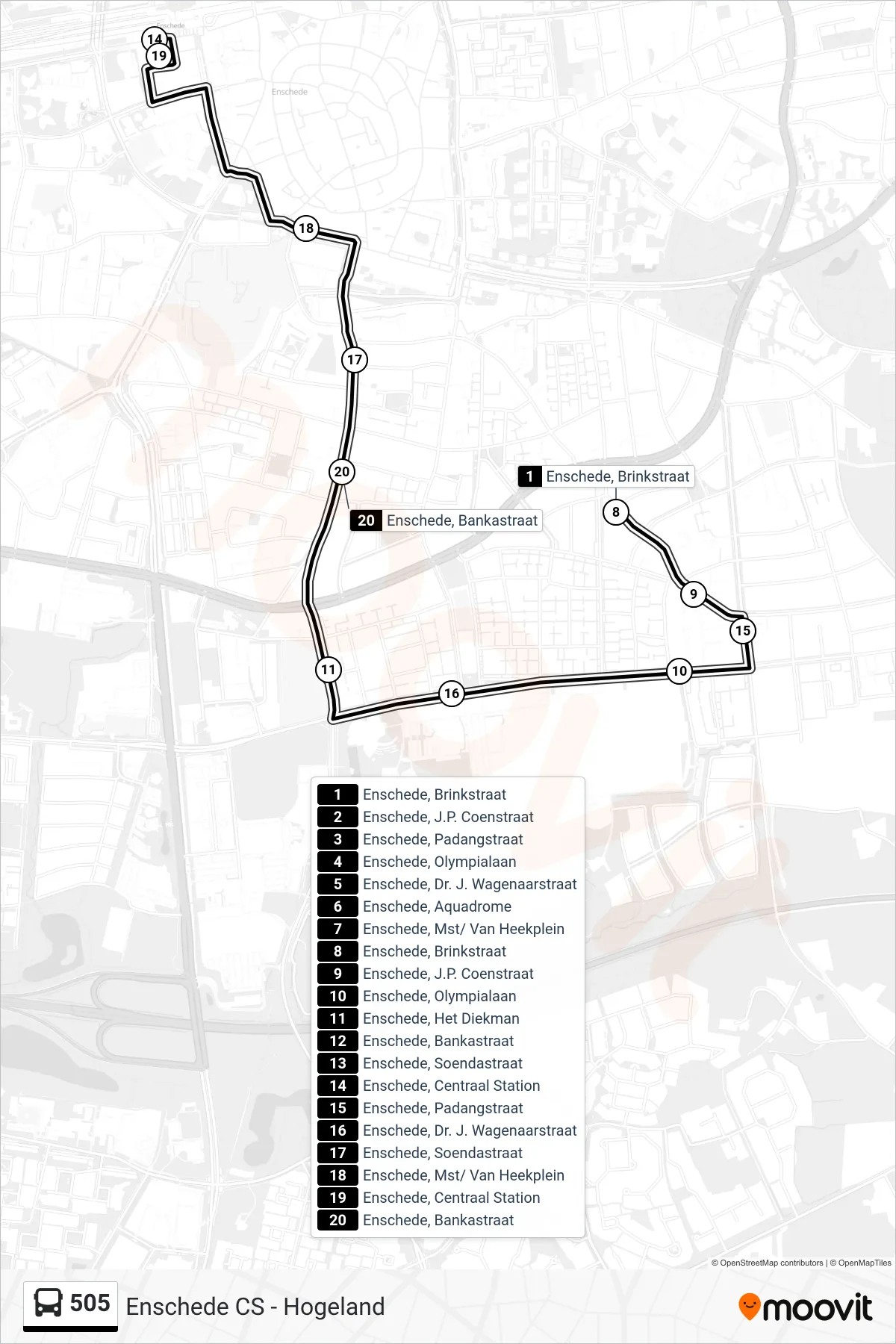Lijn 505 (bus, Centraal Station): route en haltes op de kaart