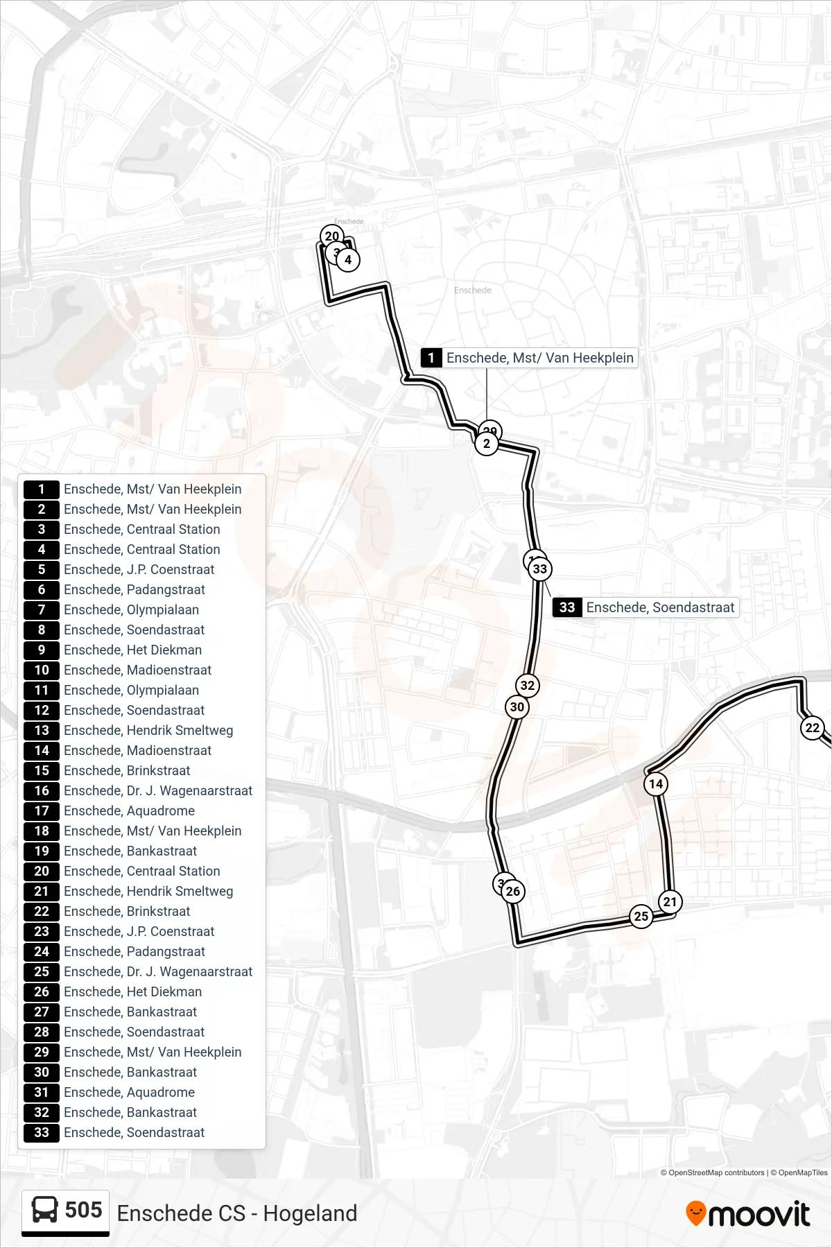 505 bus Line (Hogeland) route and stops on a map