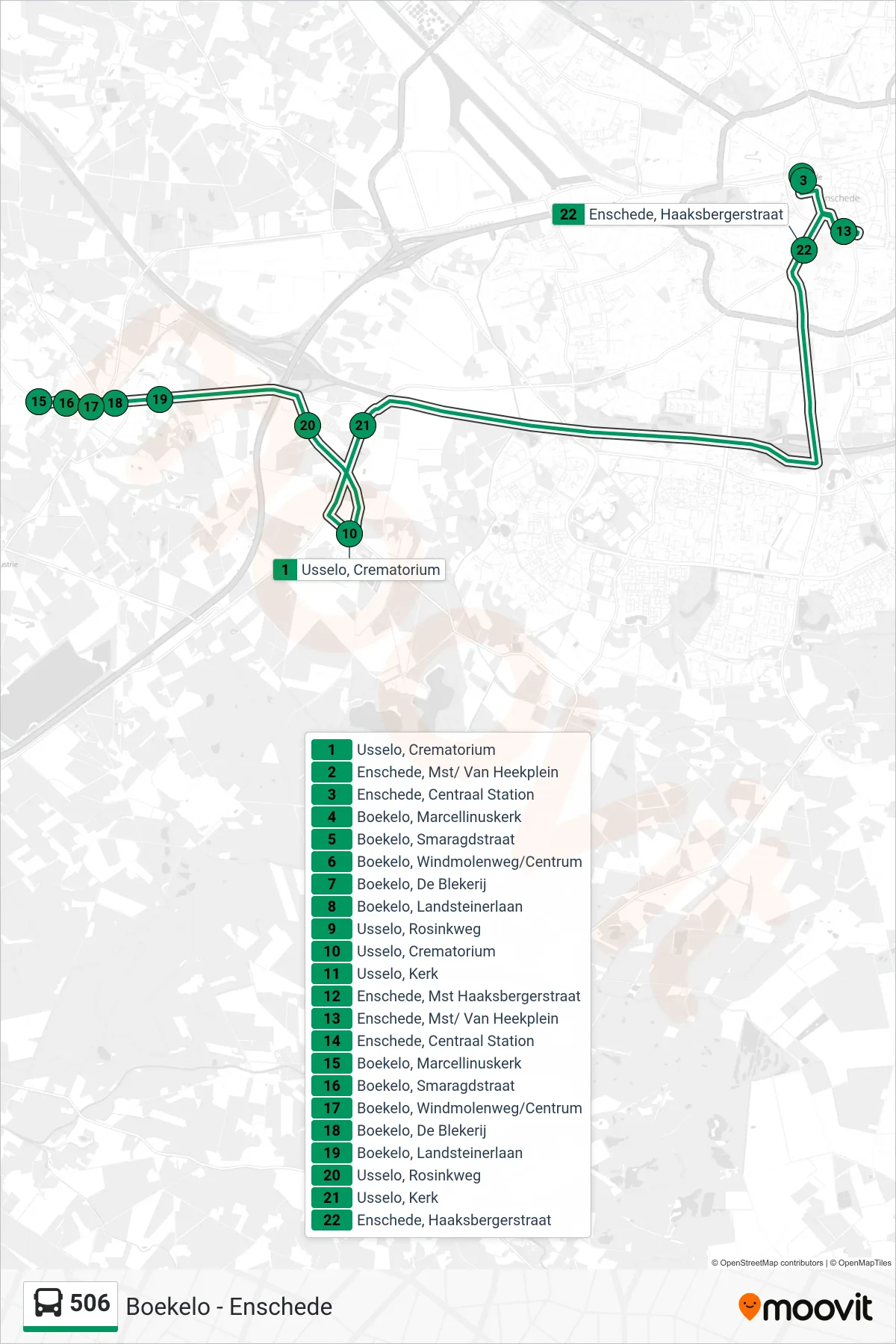 506 bus Line (Enschede) route and stops on a map