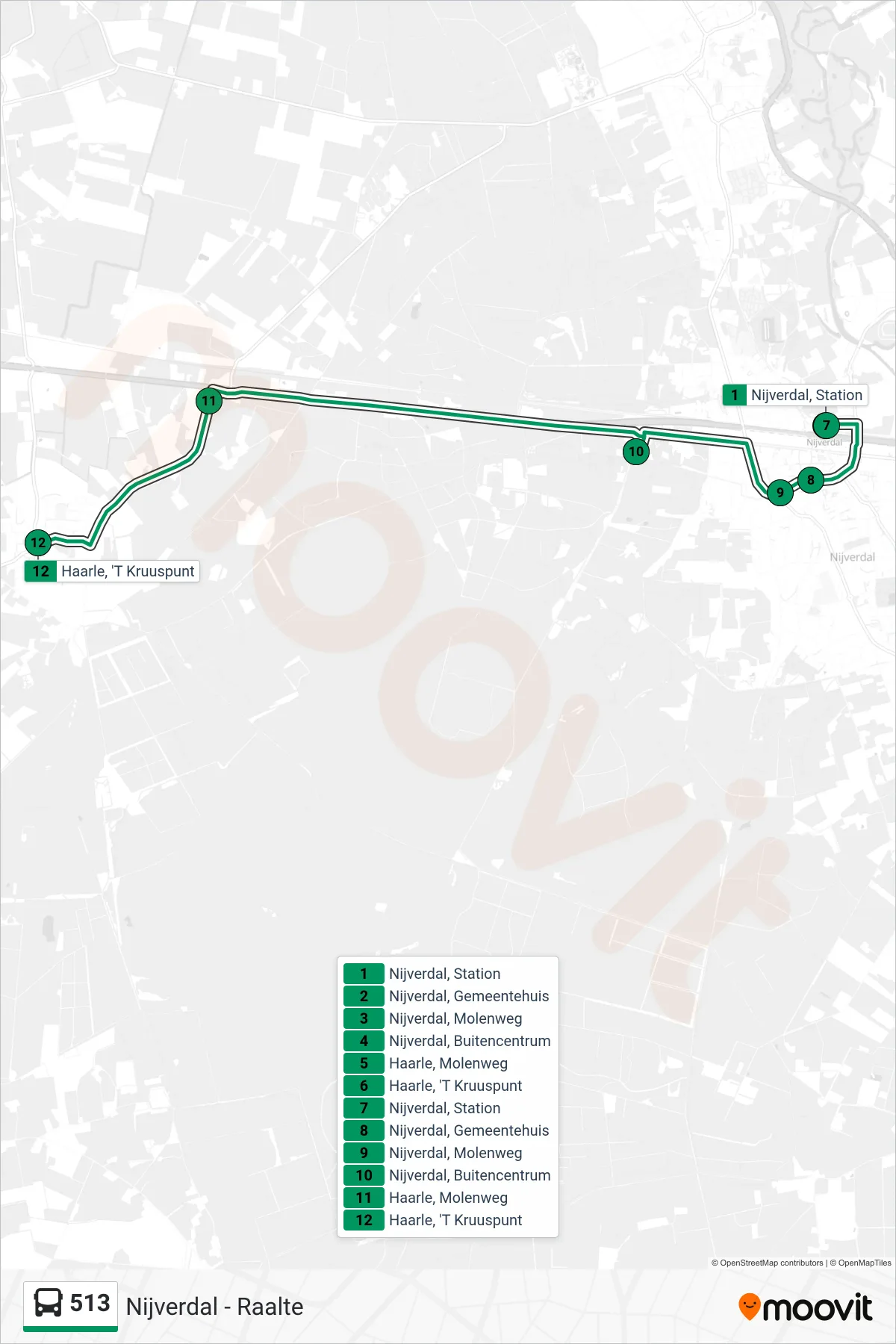 Lijn 513 (bus, Haarle): route en haltes op de kaart