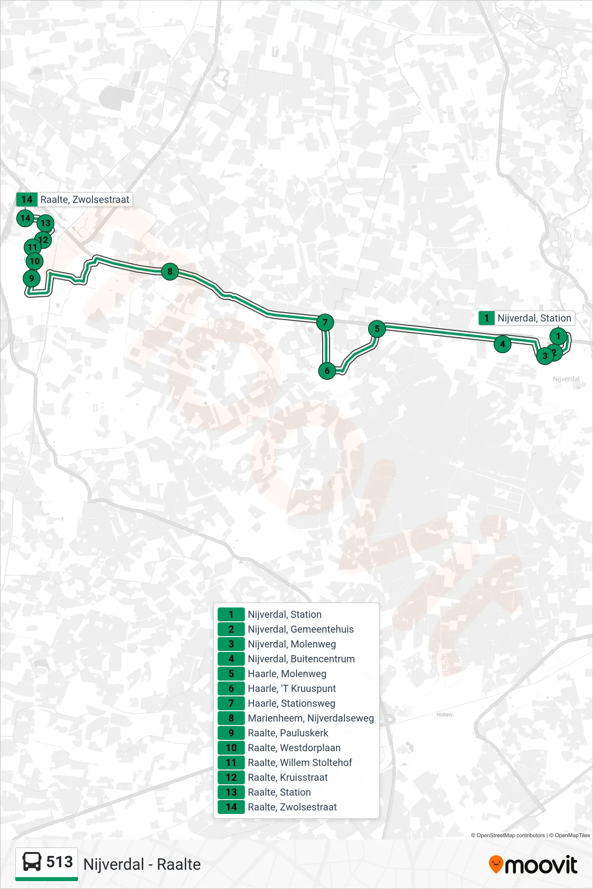 Lijn 513 (bus, Raalte): route en haltes op de kaart