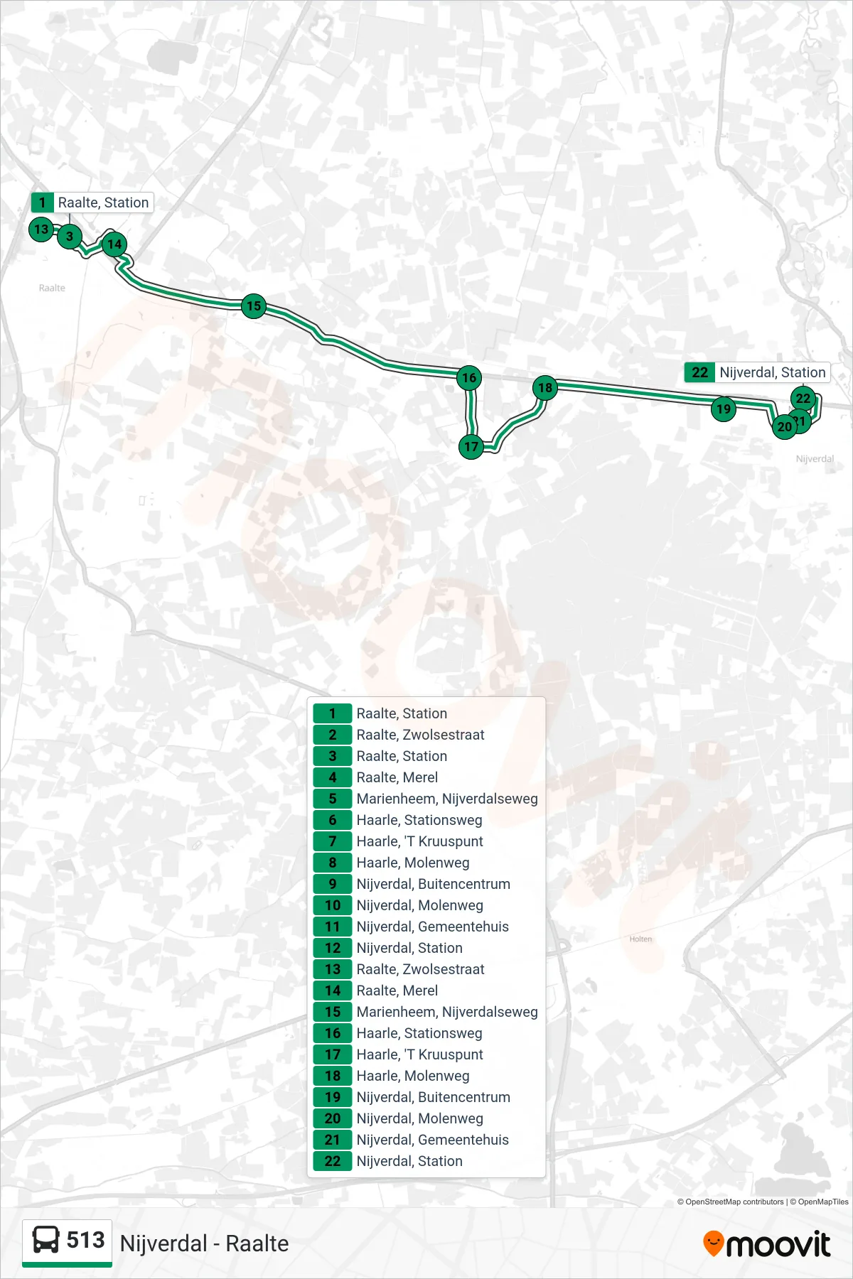 Lijn 513 (bus, Nijverdal): route en haltes op de kaart