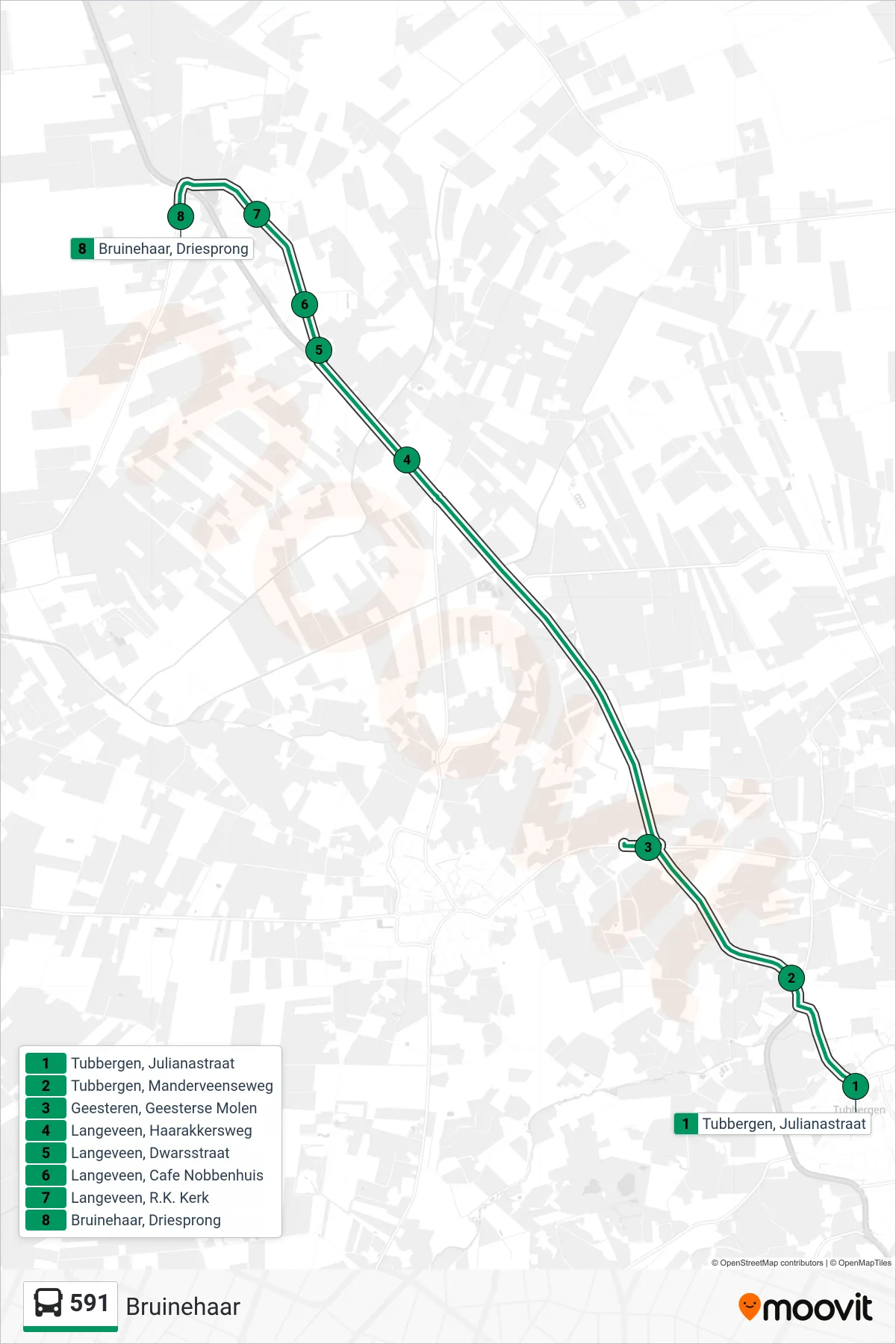 Lijn 591 (bus, Bruinehaar): route en haltes op de kaart
