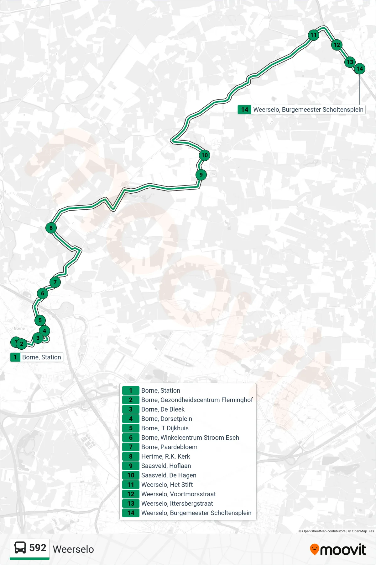 592 bus Line (Weerselo) route and stops on a map