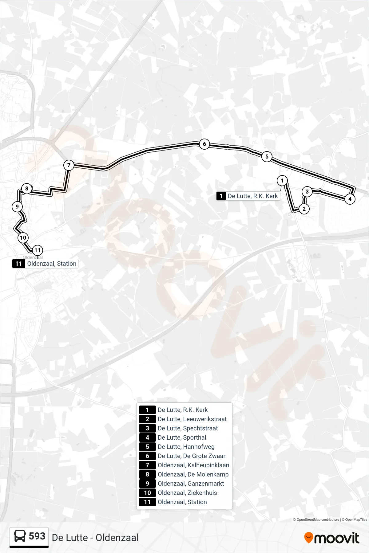 Lijn 593 (bus, Oldenzaal): route en haltes op de kaart