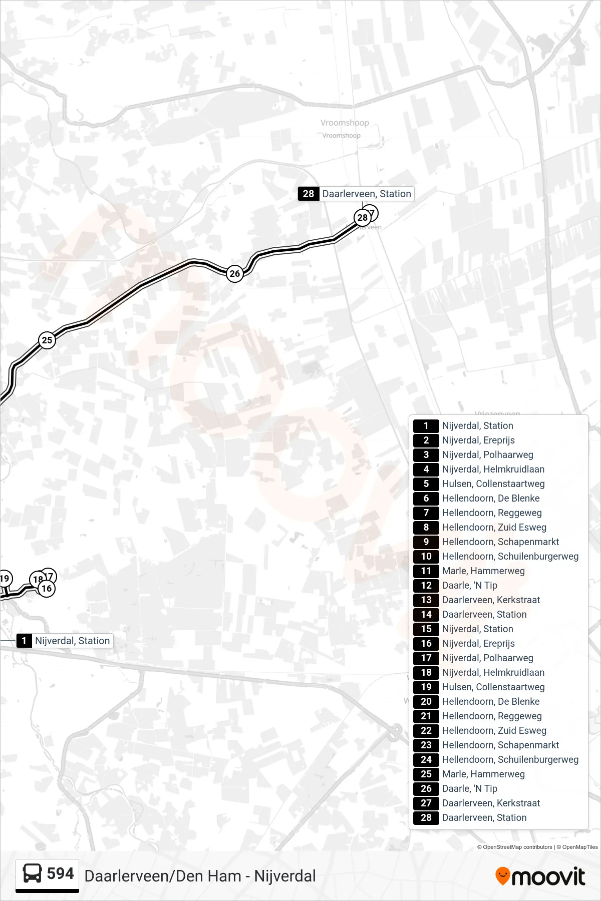 594 bus Line (Daarlerveen) route and stops on a map