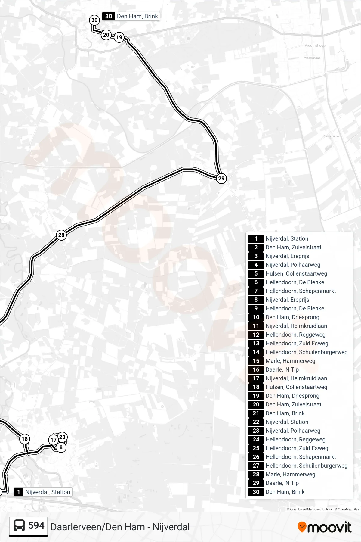 Lijn 594 (bus, Den Ham): route en haltes op de kaart