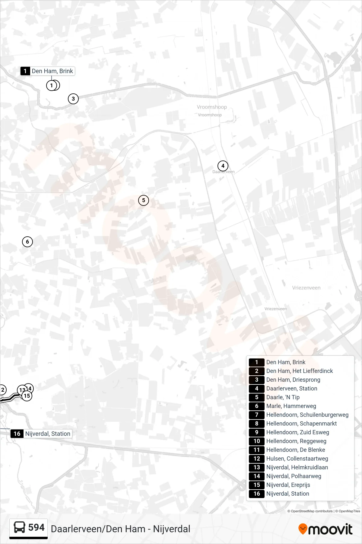 Lijn 594 (bus, Nijverdal): route en haltes op de kaart