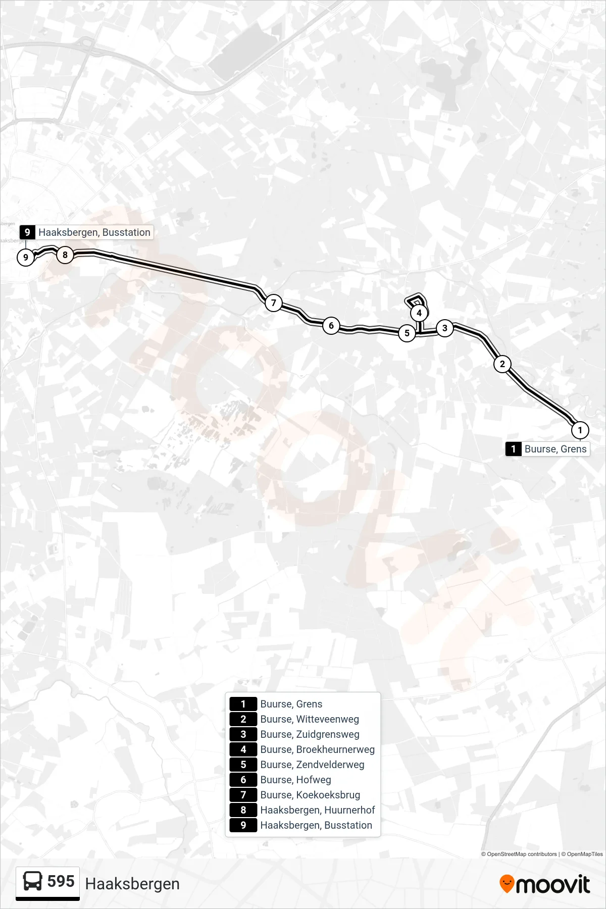 595 bus Line (Haaksbergen) route and stops on a map