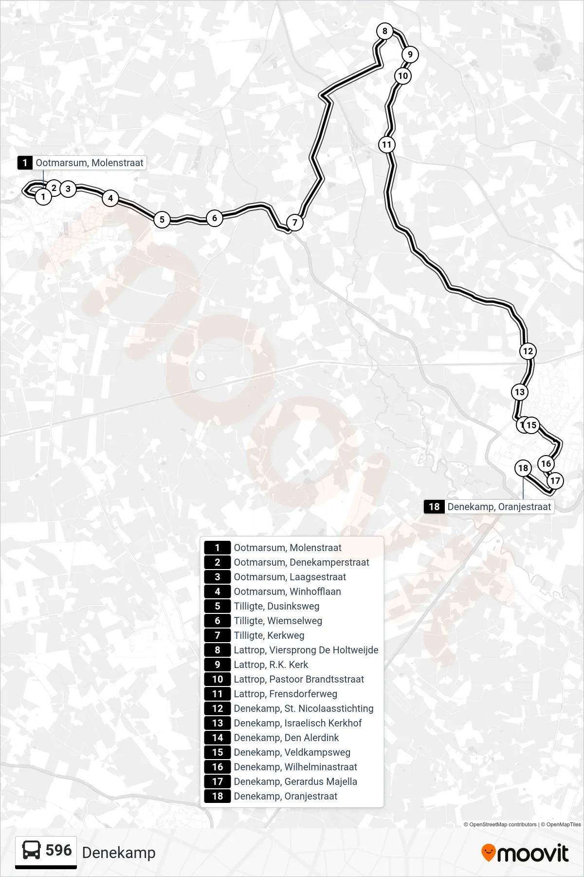 Lijn 596 (bus, Denekamp): route en haltes op de kaart