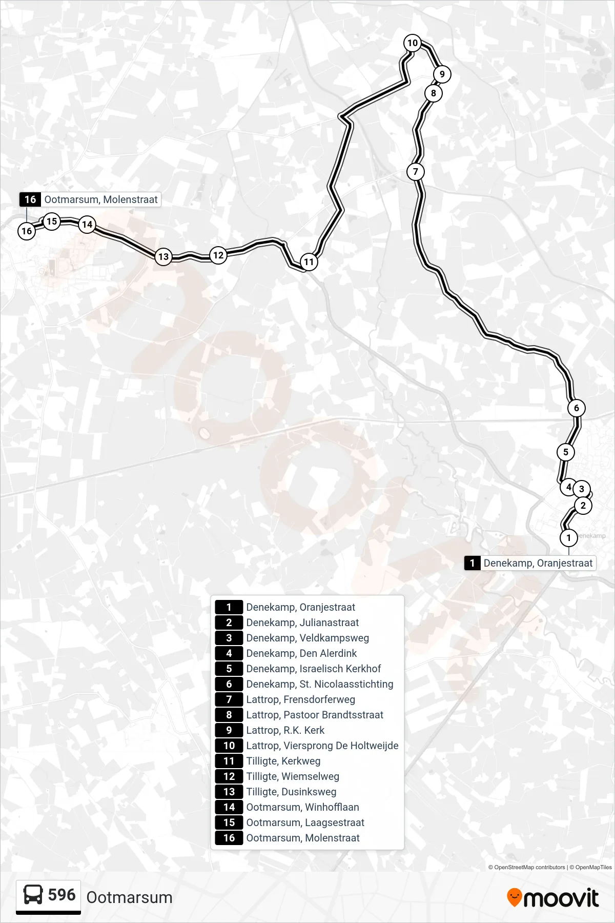 596 bus Line (Ootmarsum) route and stops on a map