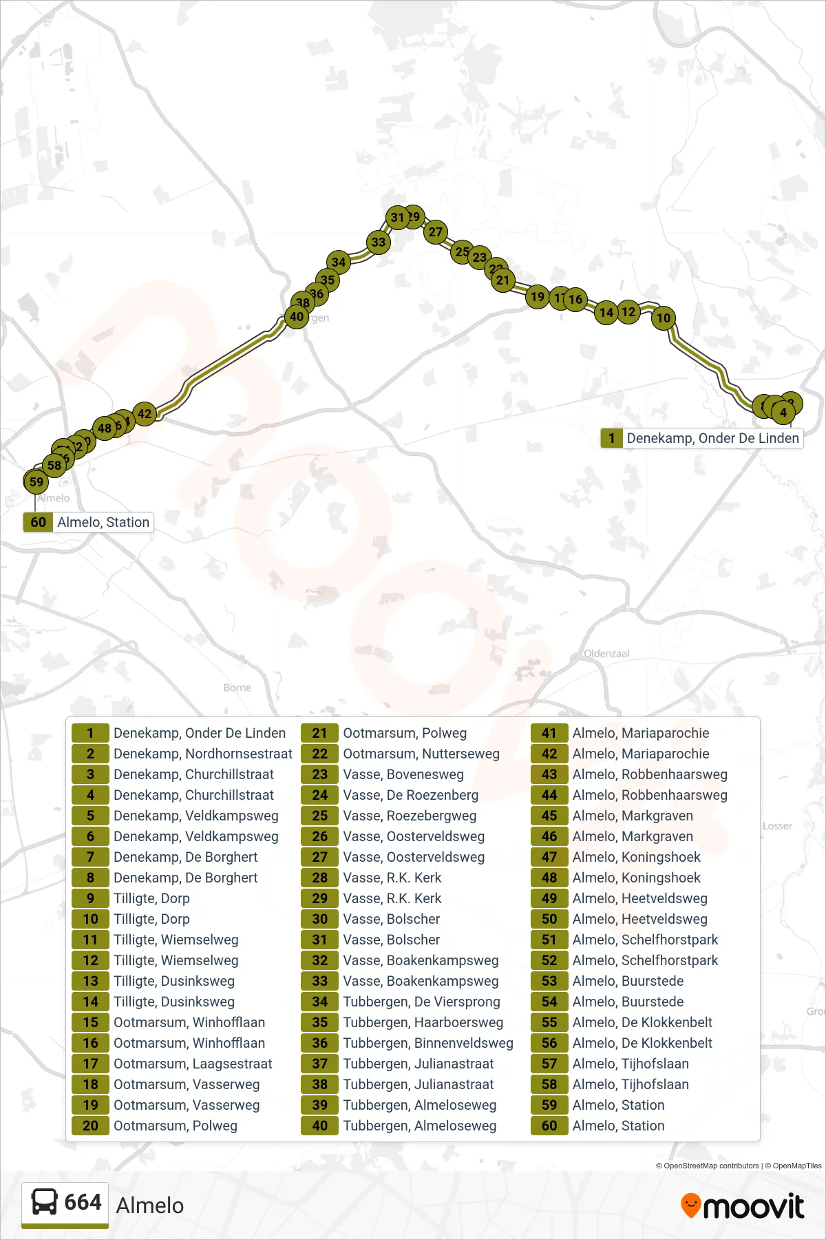 Lijn 664 (bus, Almelo): route en haltes op de kaart
