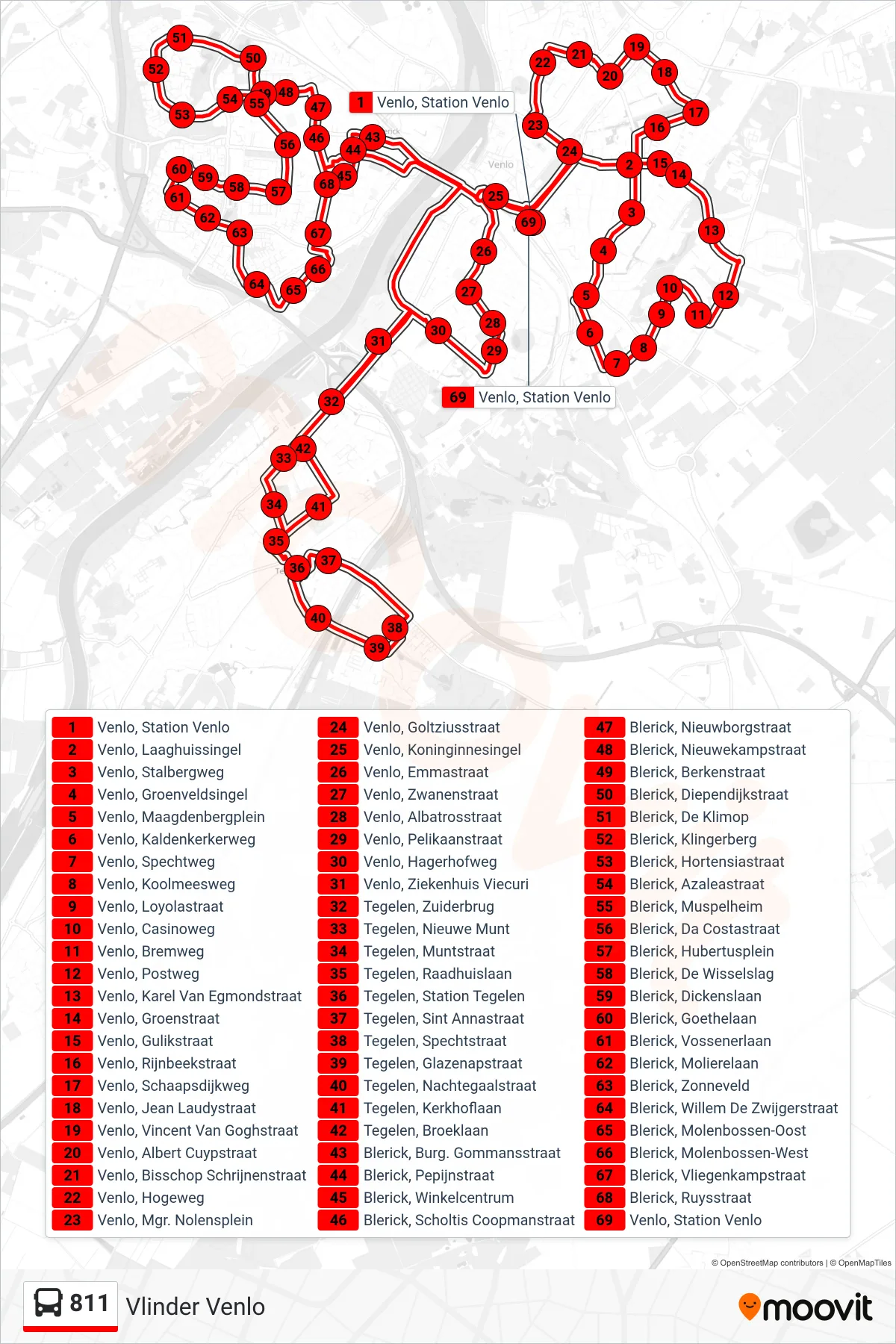 Lijn 811 (bus, Vlinder Venlo): route en haltes op de kaart