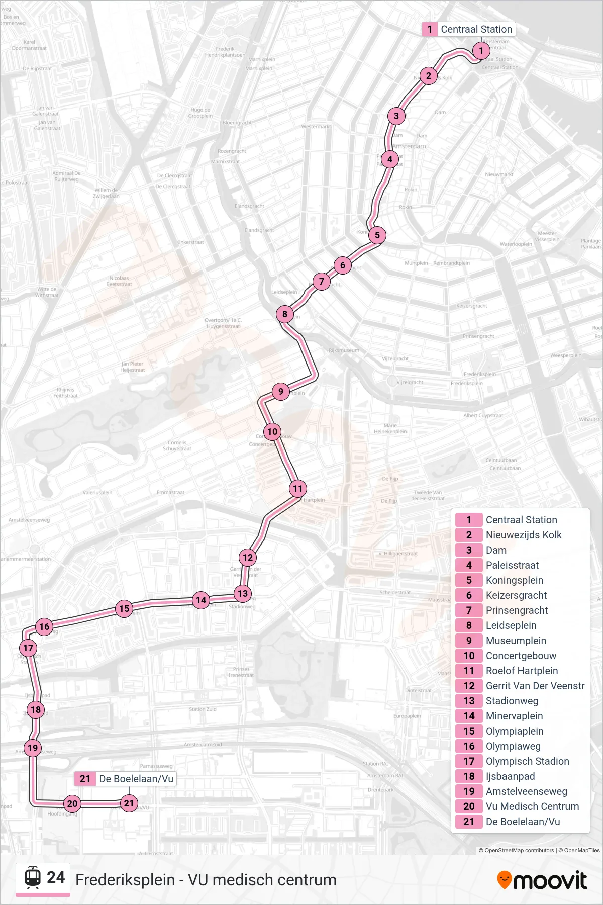 24 tram Line (Vumc) route and stops on a map