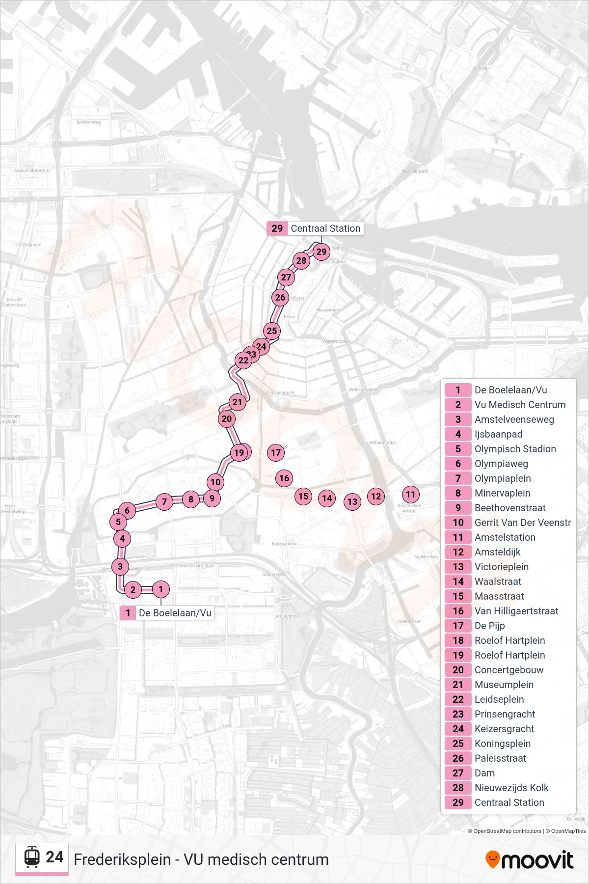 Lijn 24 (tram, Centraal Station): route en haltes op de kaart