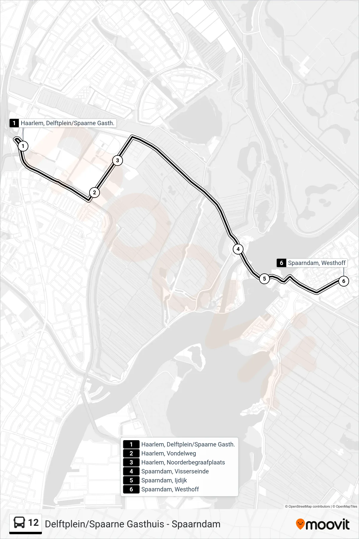 Lijn 12 (bus, Spaarndam Westhoff): route en haltes op de kaart