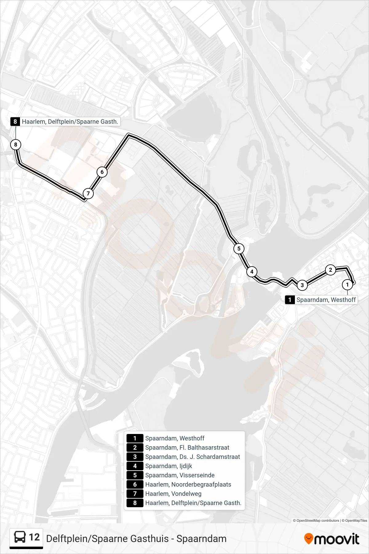 Lijn 12 (bus, Haarlem Delftplein/Spaarne Gasth.): route en haltes op de kaart