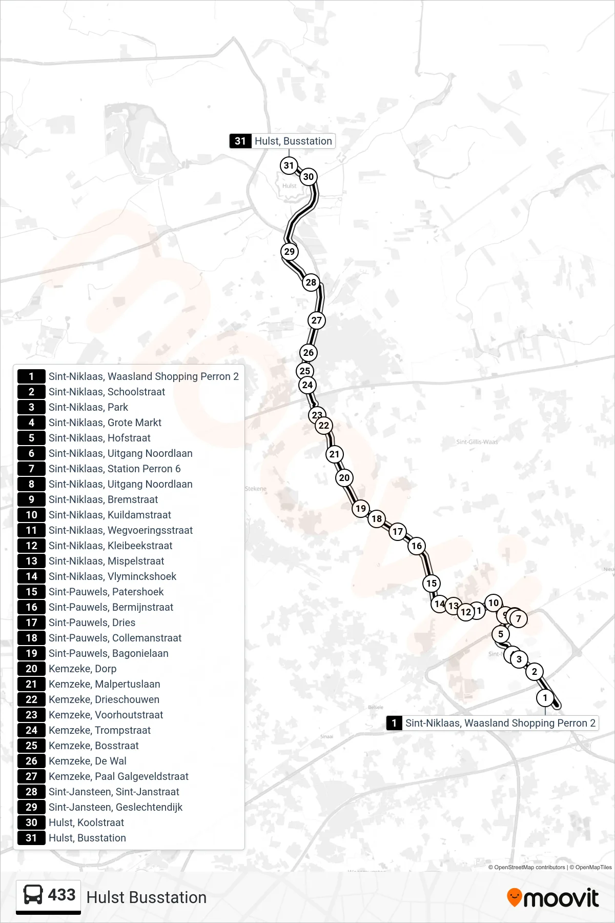 Lijn 433 (bus, Hulst Busstation): route en haltes op de kaart