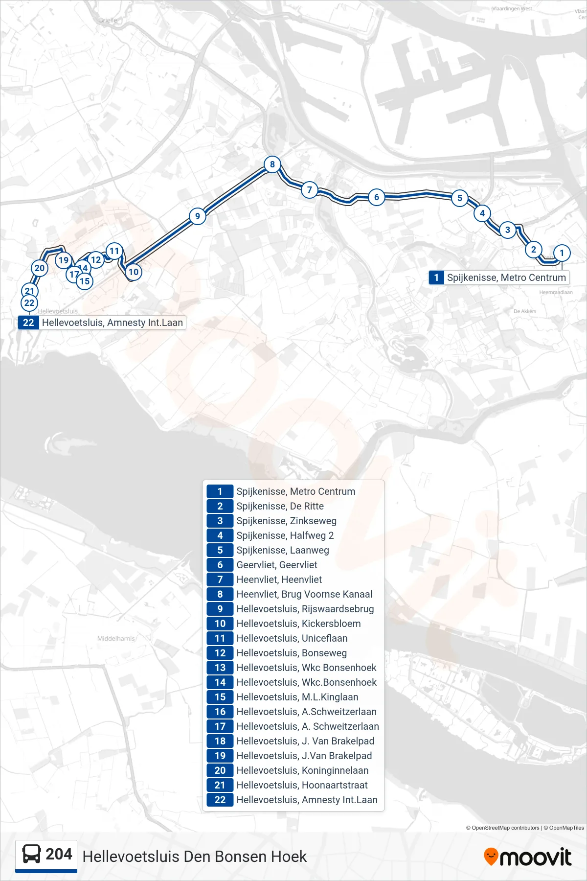 Lijn 204 (bus, Hellevoetsluis Den Bonsen Hoek): route en haltes op de kaart