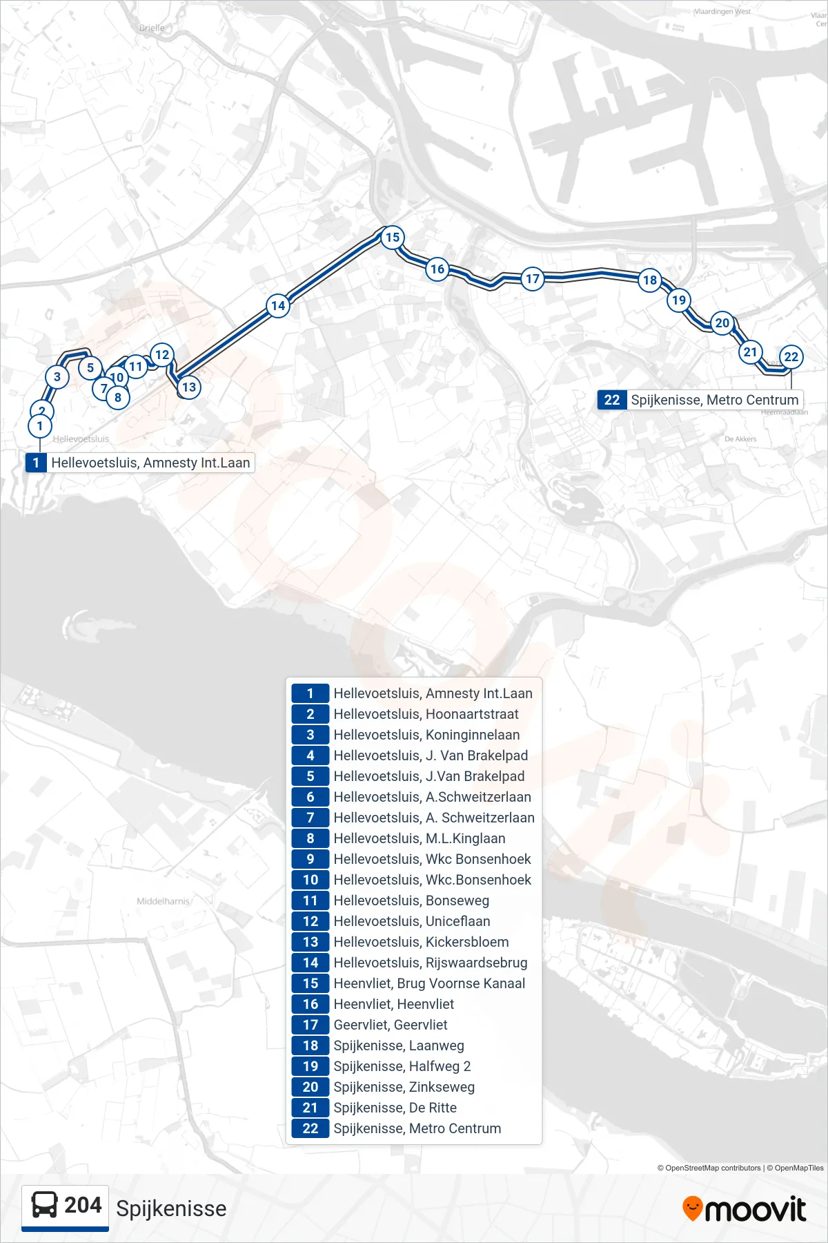204 bus Line (Spijkenisse) route and stops on a map