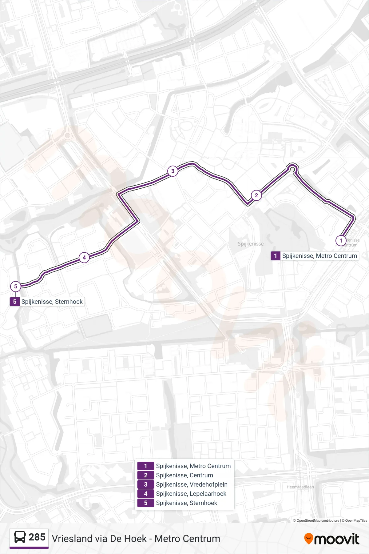 Lijn 285 (bus, De Hoek): route en haltes op de kaart