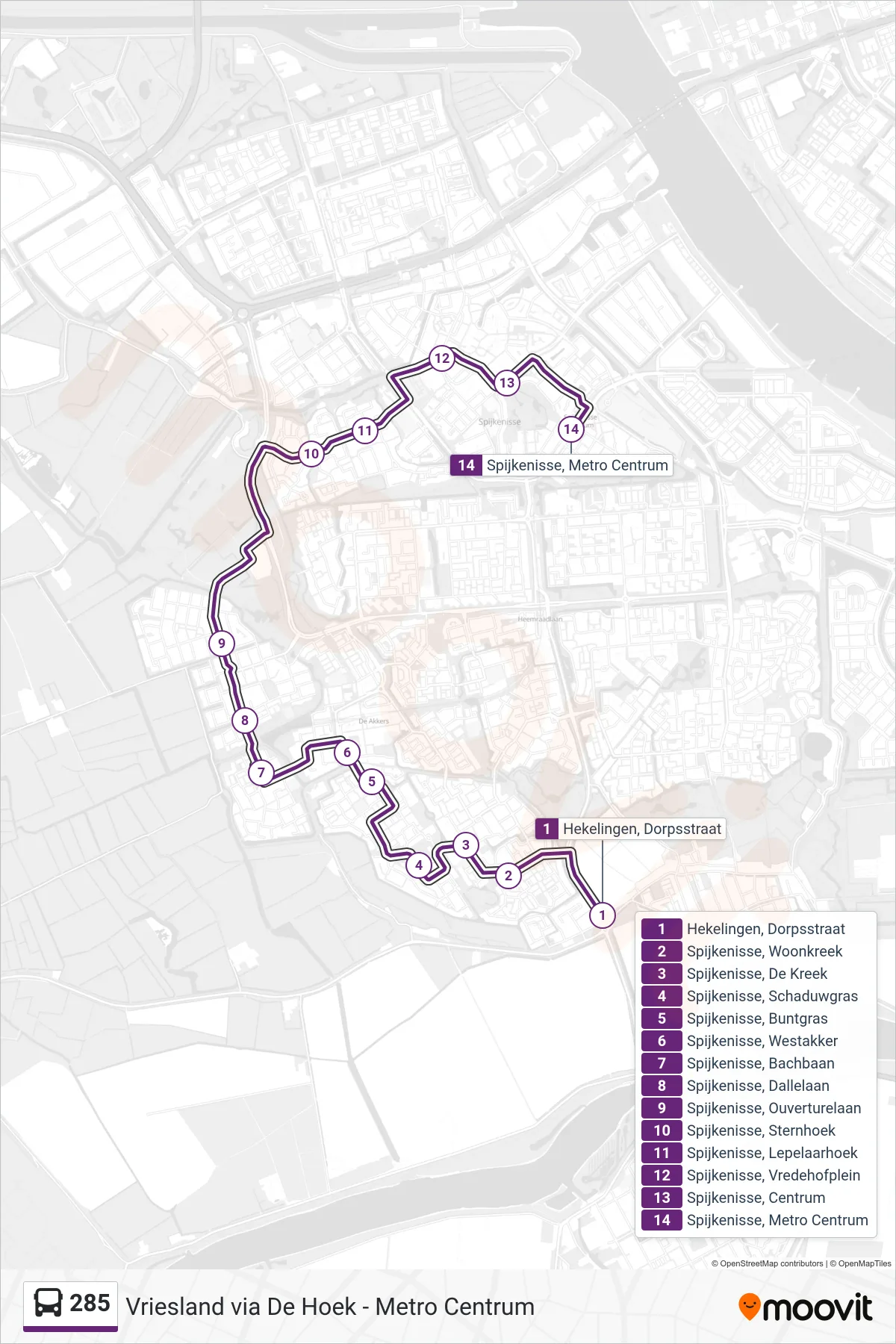 Lijn 285 (bus, Metro Centrum): route en haltes op de kaart