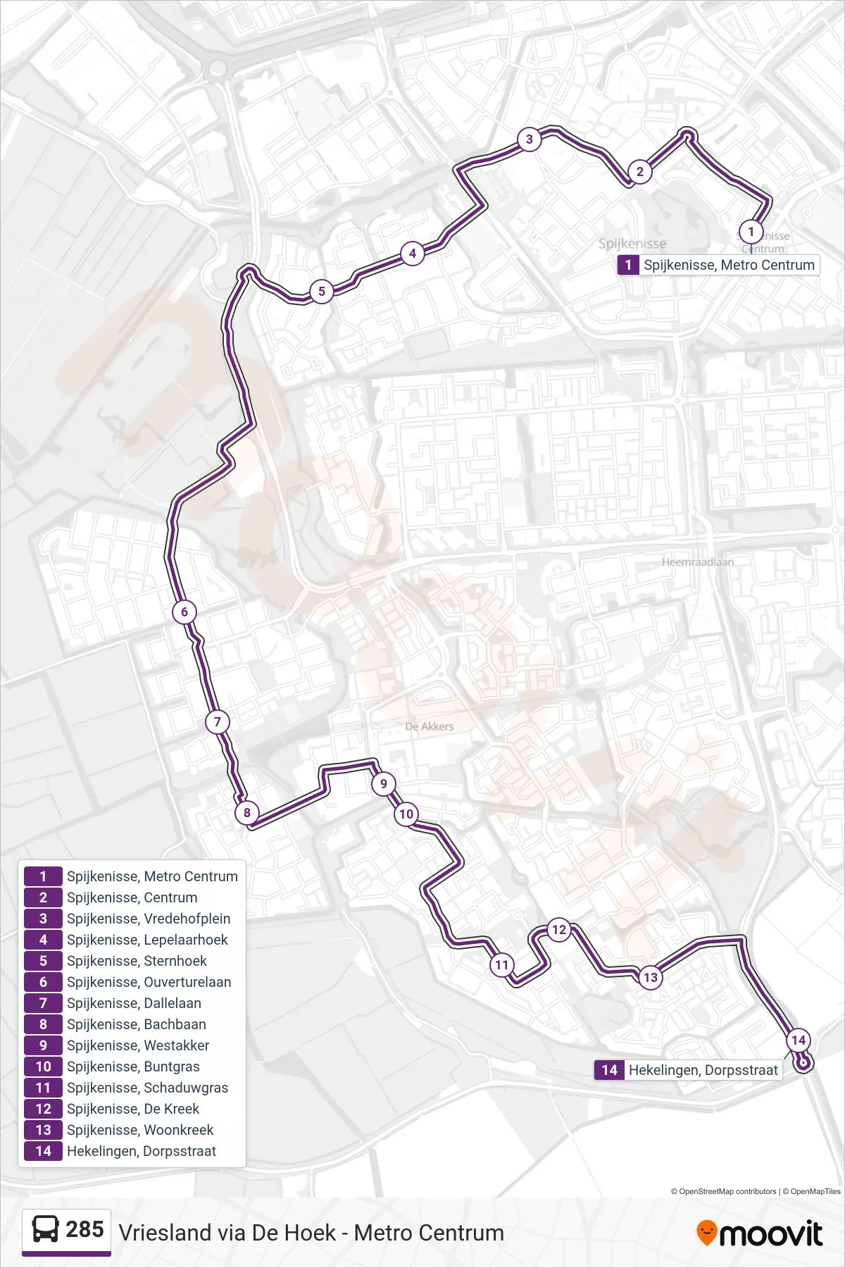 Lijn 285 (bus, Vriesland): route en haltes op de kaart