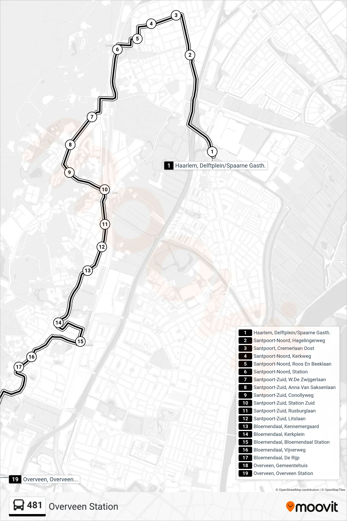 Lijn 481 (bus, Overveen Station): route en haltes op de kaart