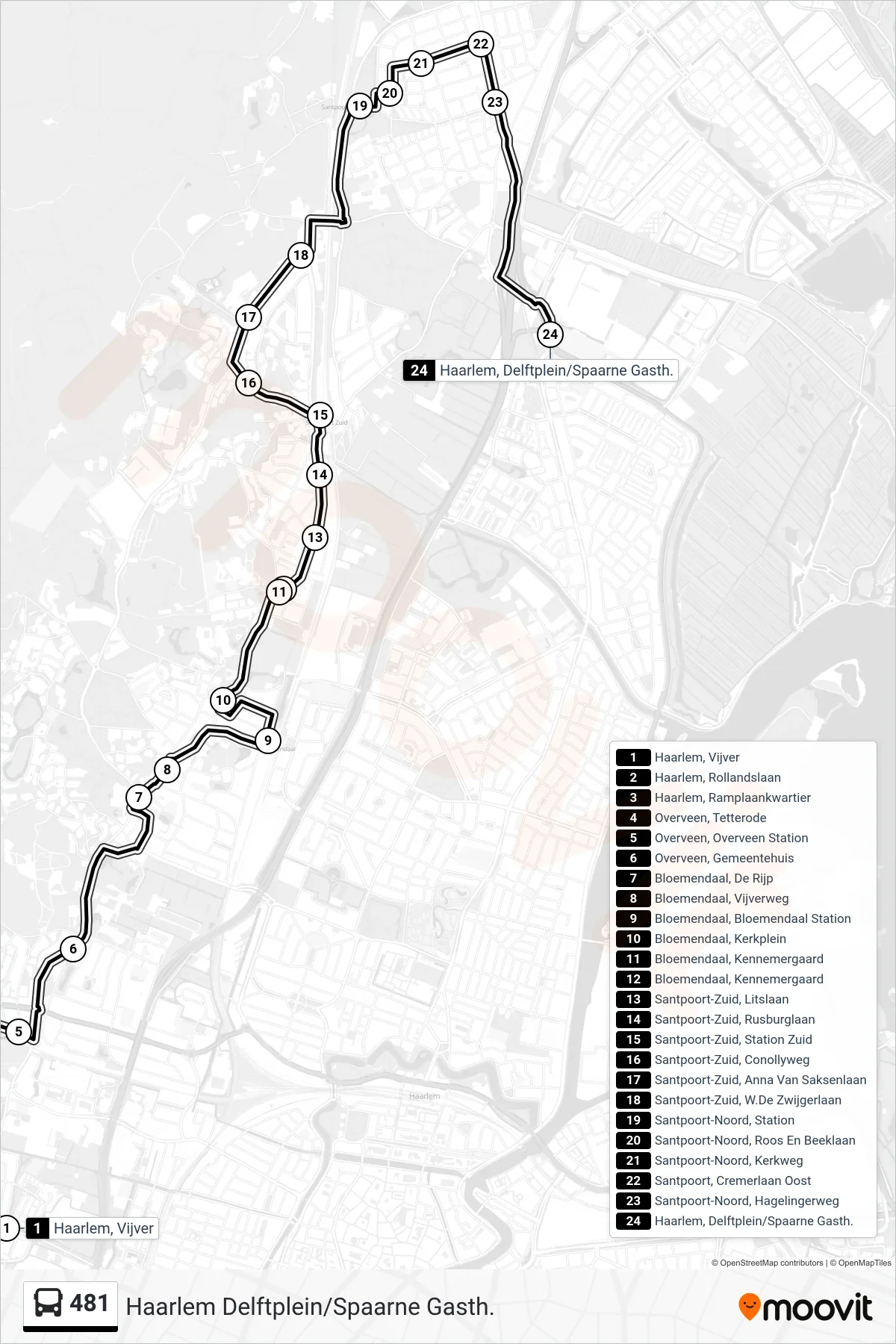 Lijn 481 (bus, Haarlem Delftplein/Spaarne Gasth.): route en haltes op de kaart