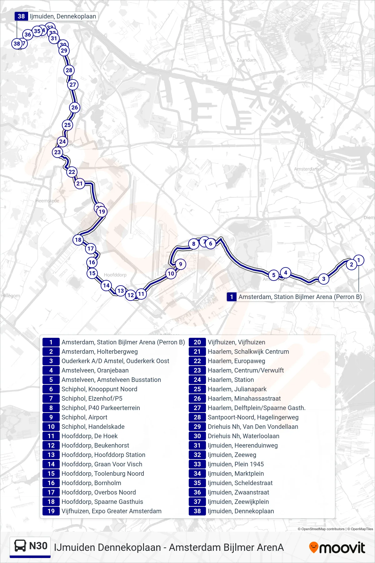 N30 bus Line (Ijmuiden Dennekoplaan) route and stops on a map