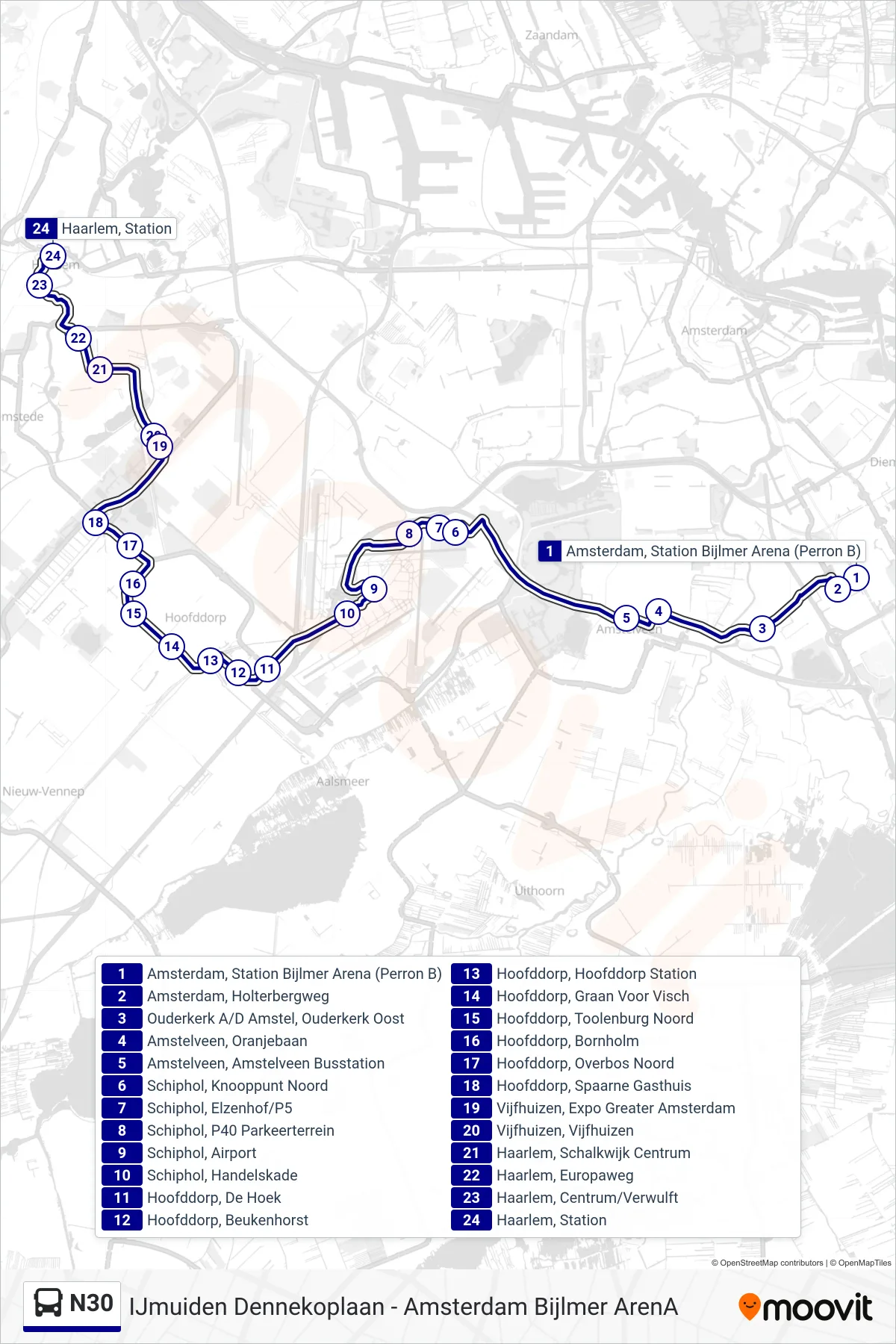 Lijn N30 (bus, Haarlem Station): route en haltes op de kaart