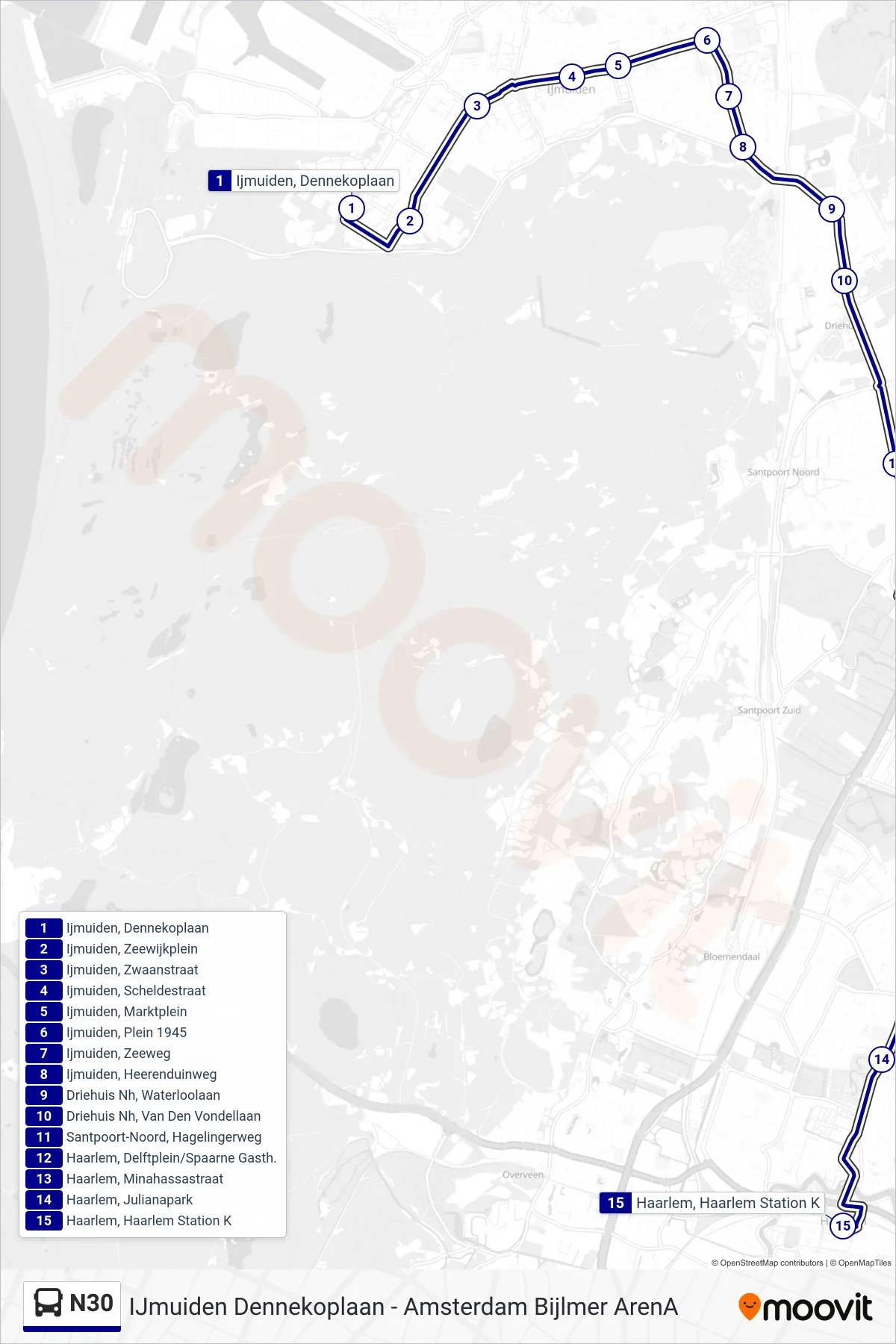 N30 bus Line (Haarlem Station) route and stops on a map