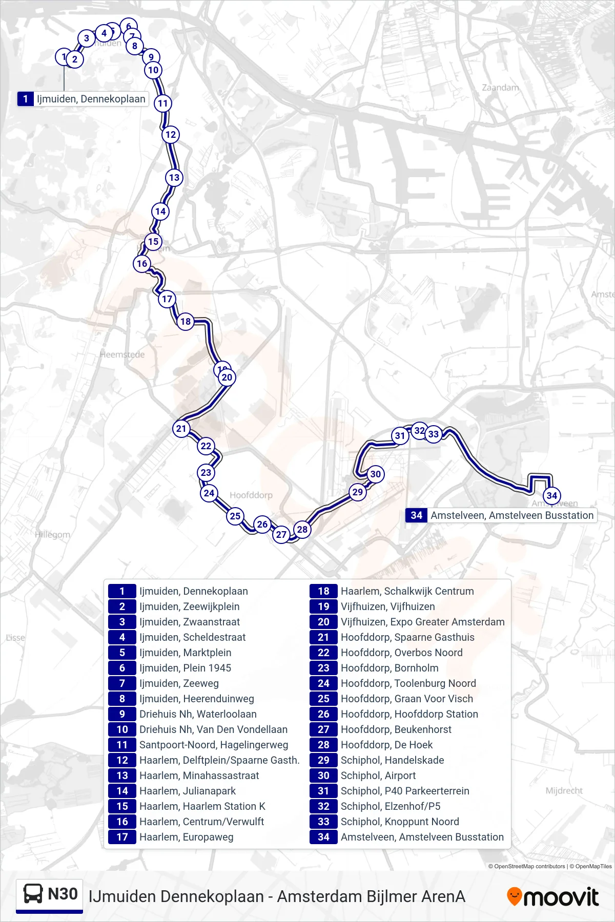 N30 bus Line (Amstelveen Busstation) route and stops on a map