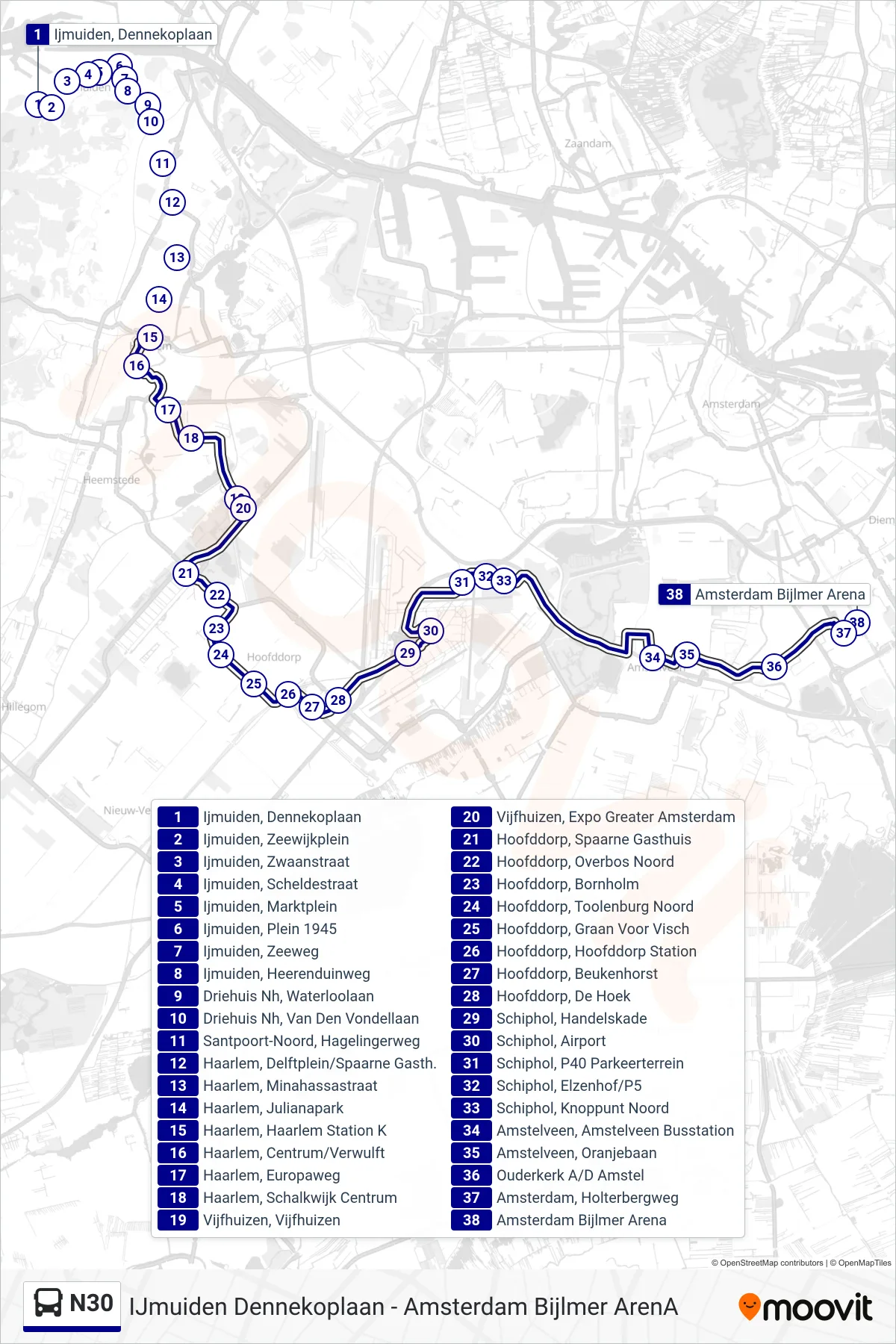Lijn N30 (bus, Bijlmer Arena Amsterdam): route en haltes op de kaart
