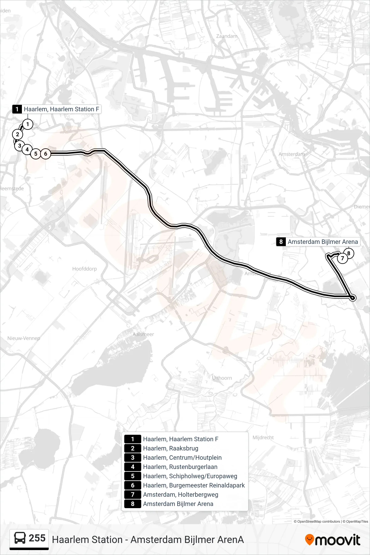 Lijn 255 (bus, Bijlmer Arena Amsterdam): route en haltes op de kaart