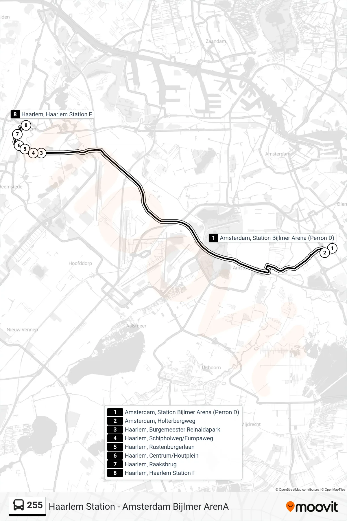 Lijn 255 (bus, Haarlem Station): route en haltes op de kaart