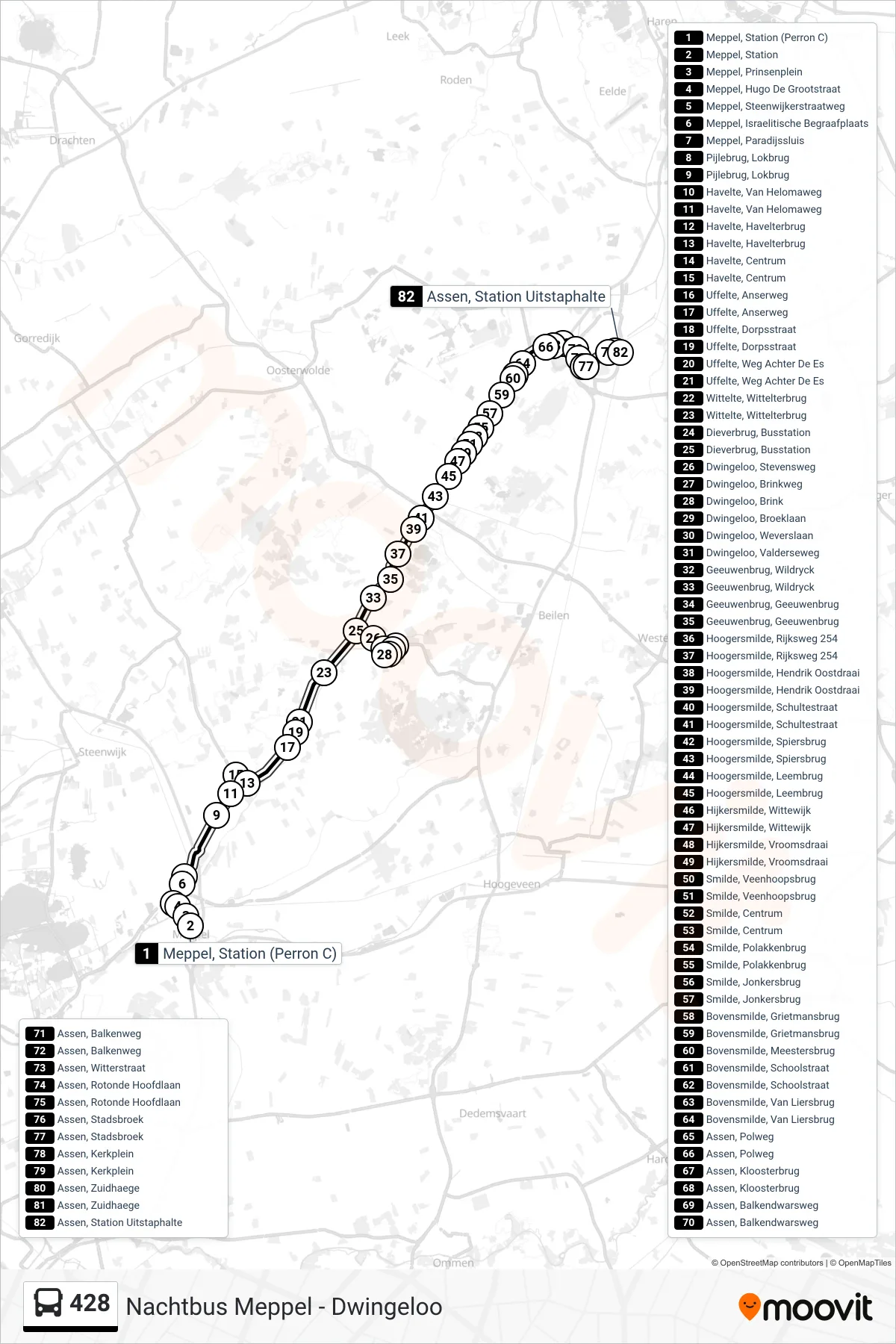 Lijn 428 (bus, Assen): route en haltes op de kaart
