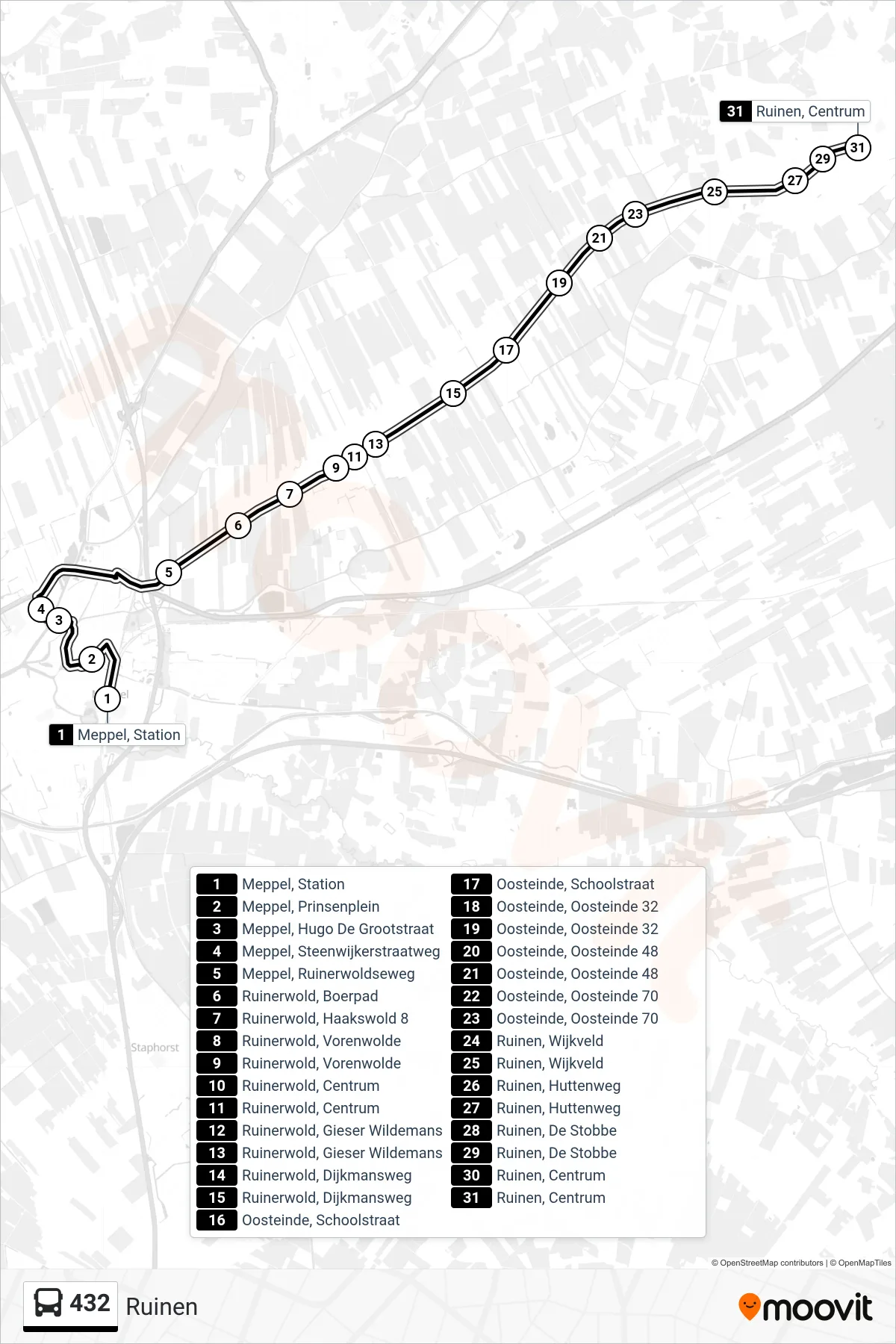 Lijn 432 (bus, Ruinen): route en haltes op de kaart