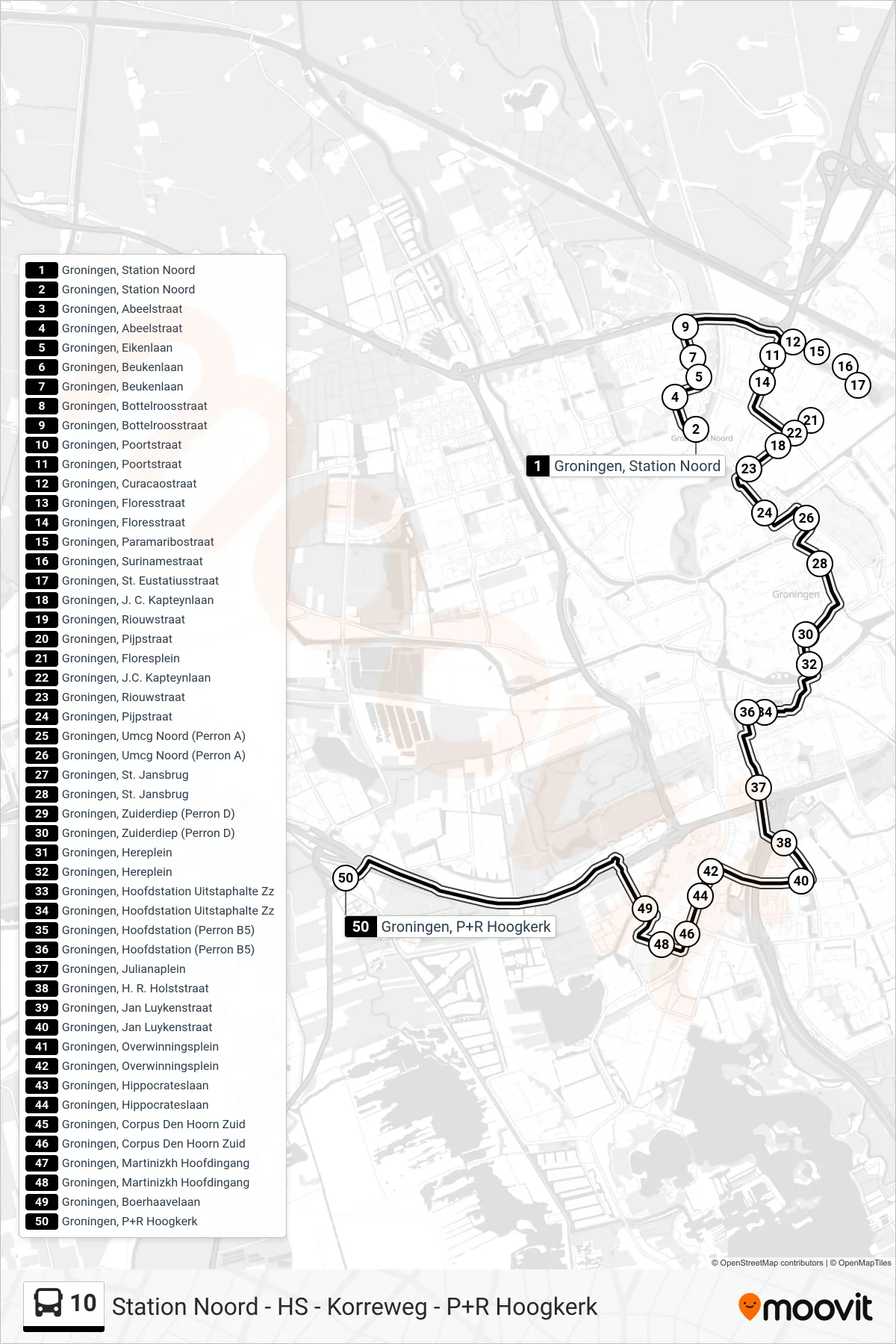 10 bus Line (Selwerd - Korreweg) route and stops on a map