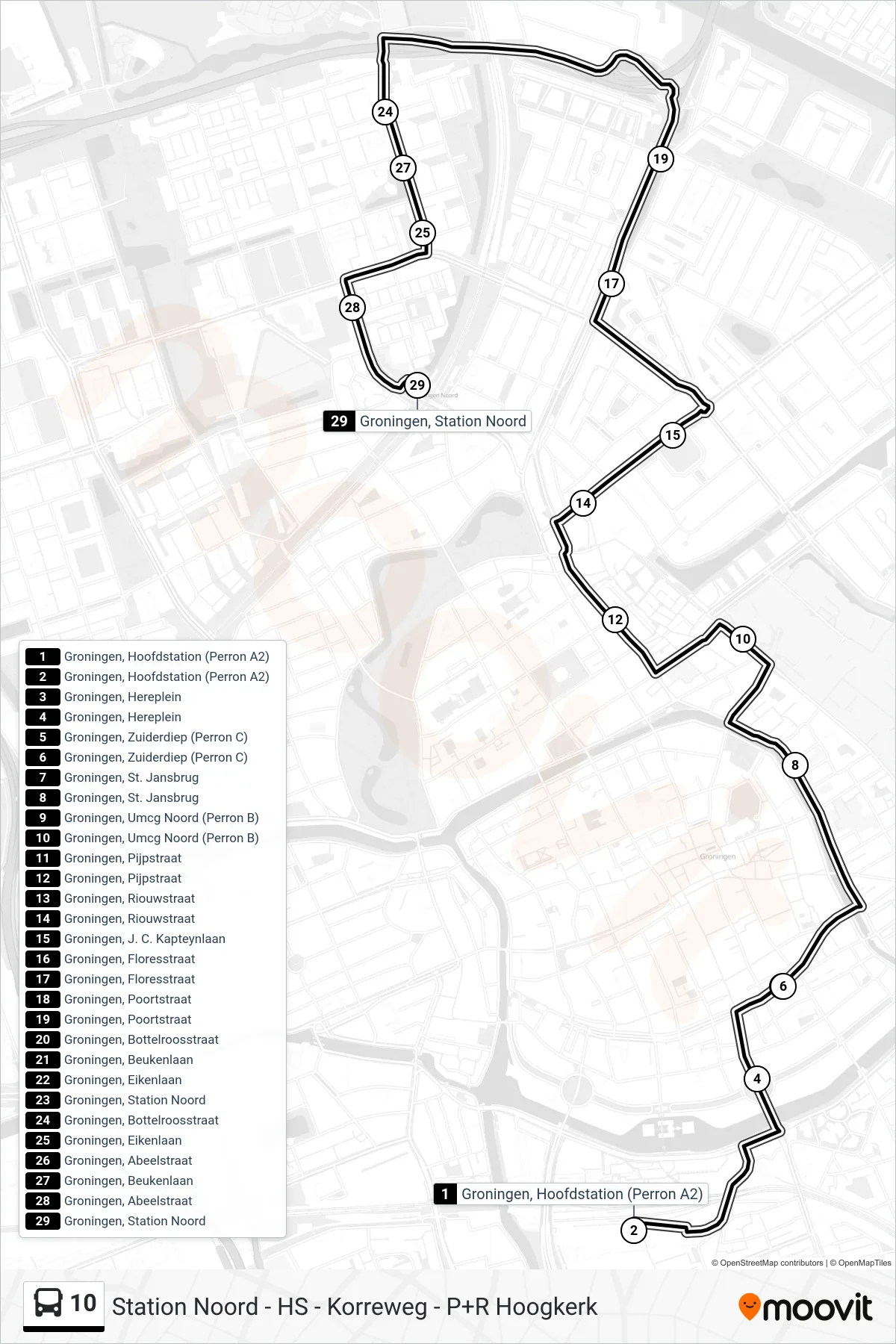 10 bus Line (Korreweg - Selwerd) route and stops on a map