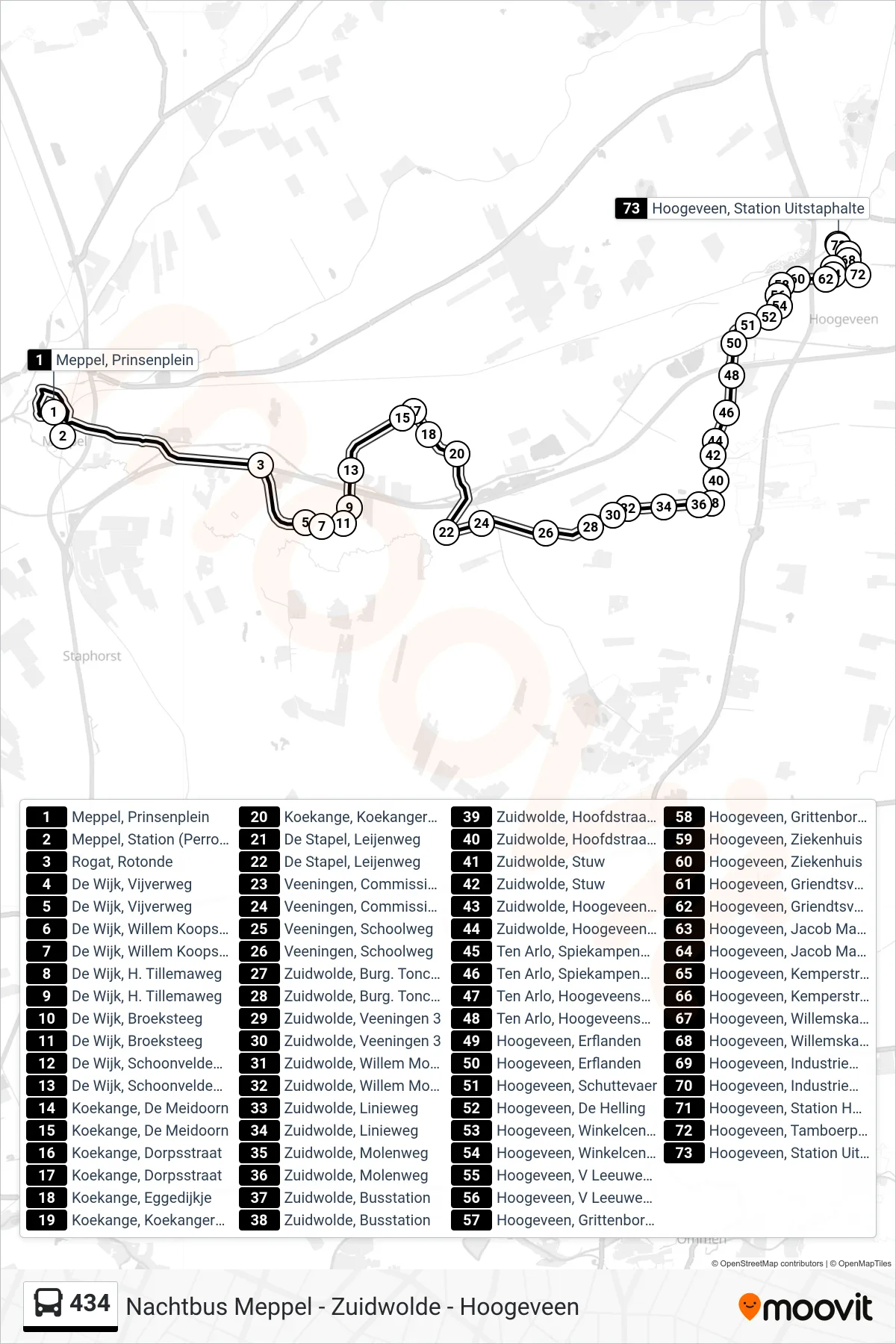 Lijn 434 (bus, Hoogeveen): route en haltes op de kaart