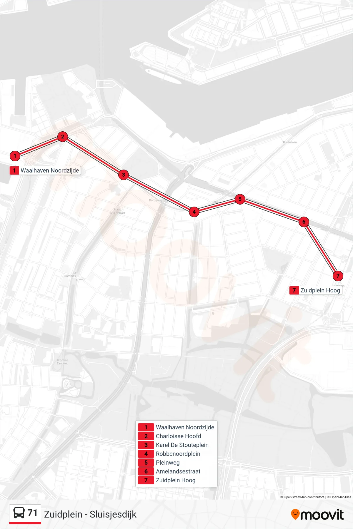 71 bus Line (Zuidplein) route and stops on a map
